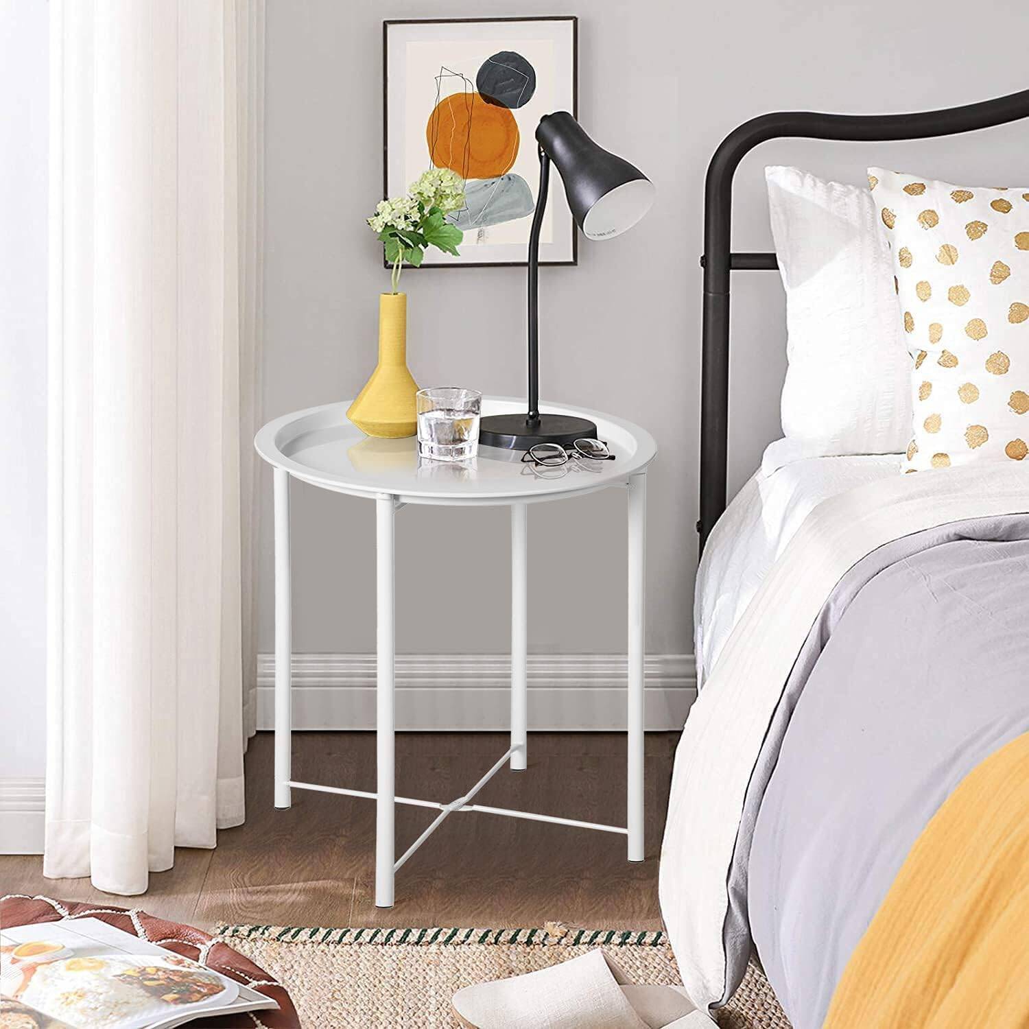 Table d'extrémité/latérale, plateau extérieur / intérieur pliant en métal rond, résistant à la rouille, pour le salon, chambre, balcon et bureau, 1