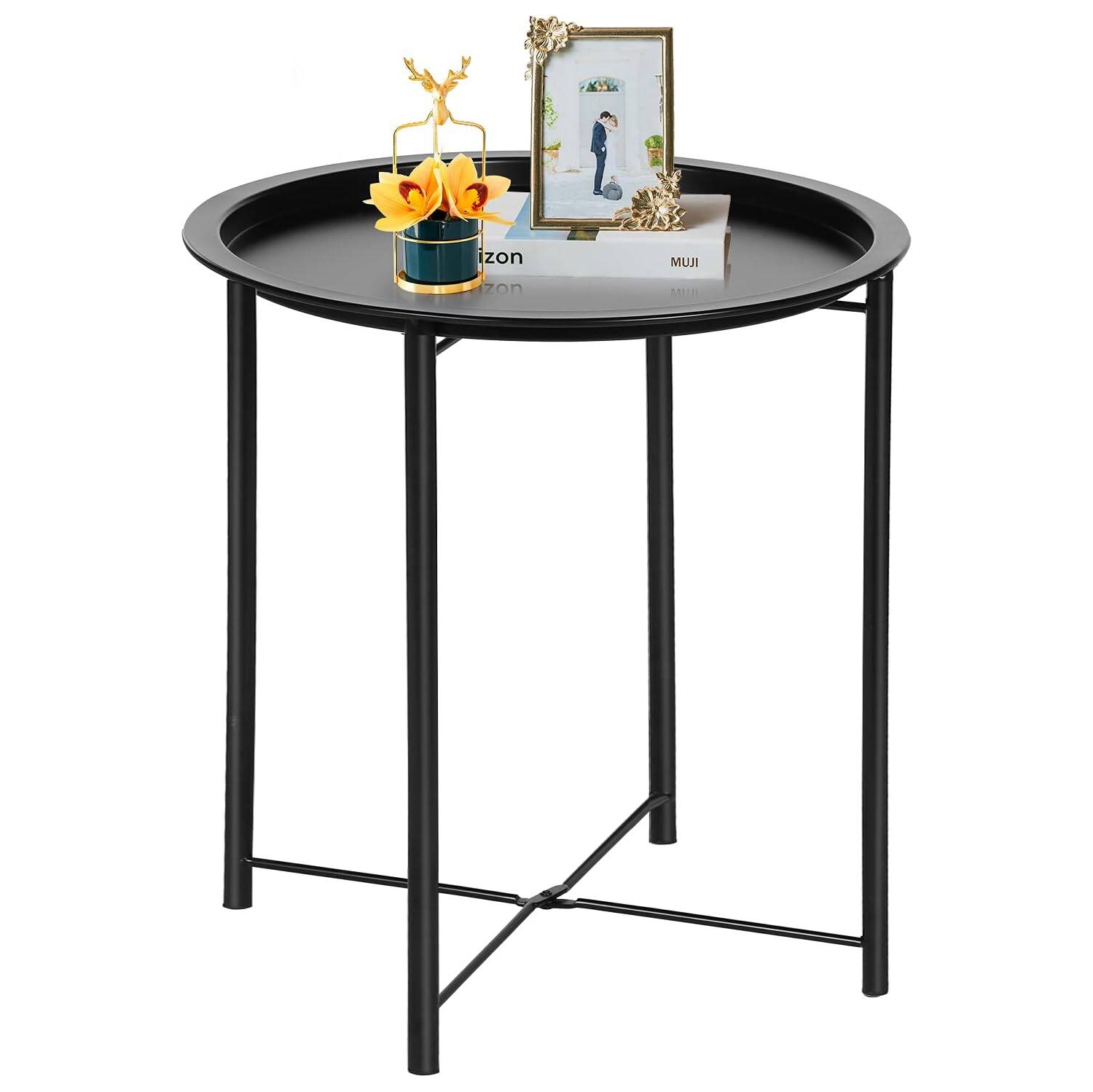 Table d'extrémité/latérale, plateau extérieur/intérieur pliant en métal rond, résistant à la rouille, pour le salon, la chambre, le balcon et le