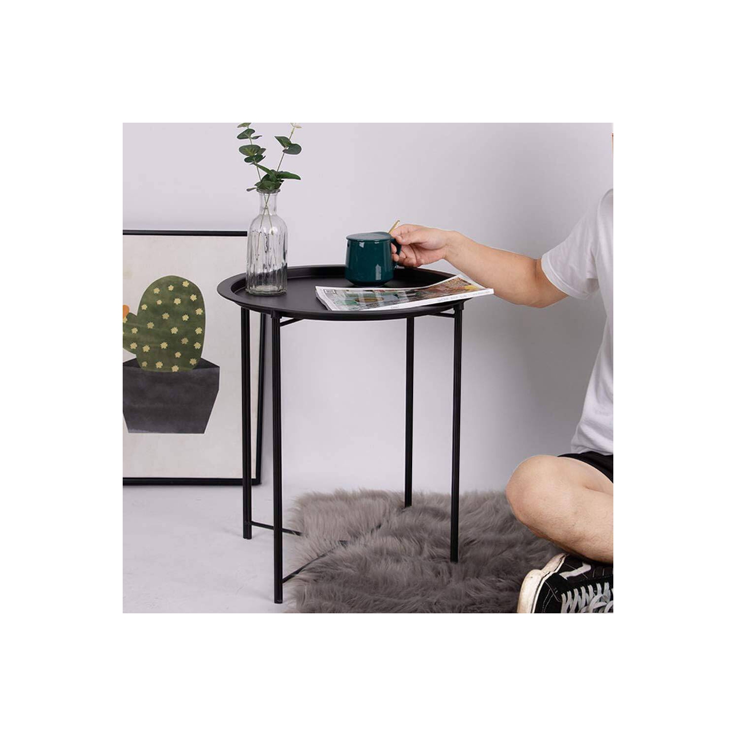 Table d'extrémité/latérale, plateau extérieur/intérieur pliant en métal rond, résistant à la rouille, pour le salon, la chambre, le balcon et le