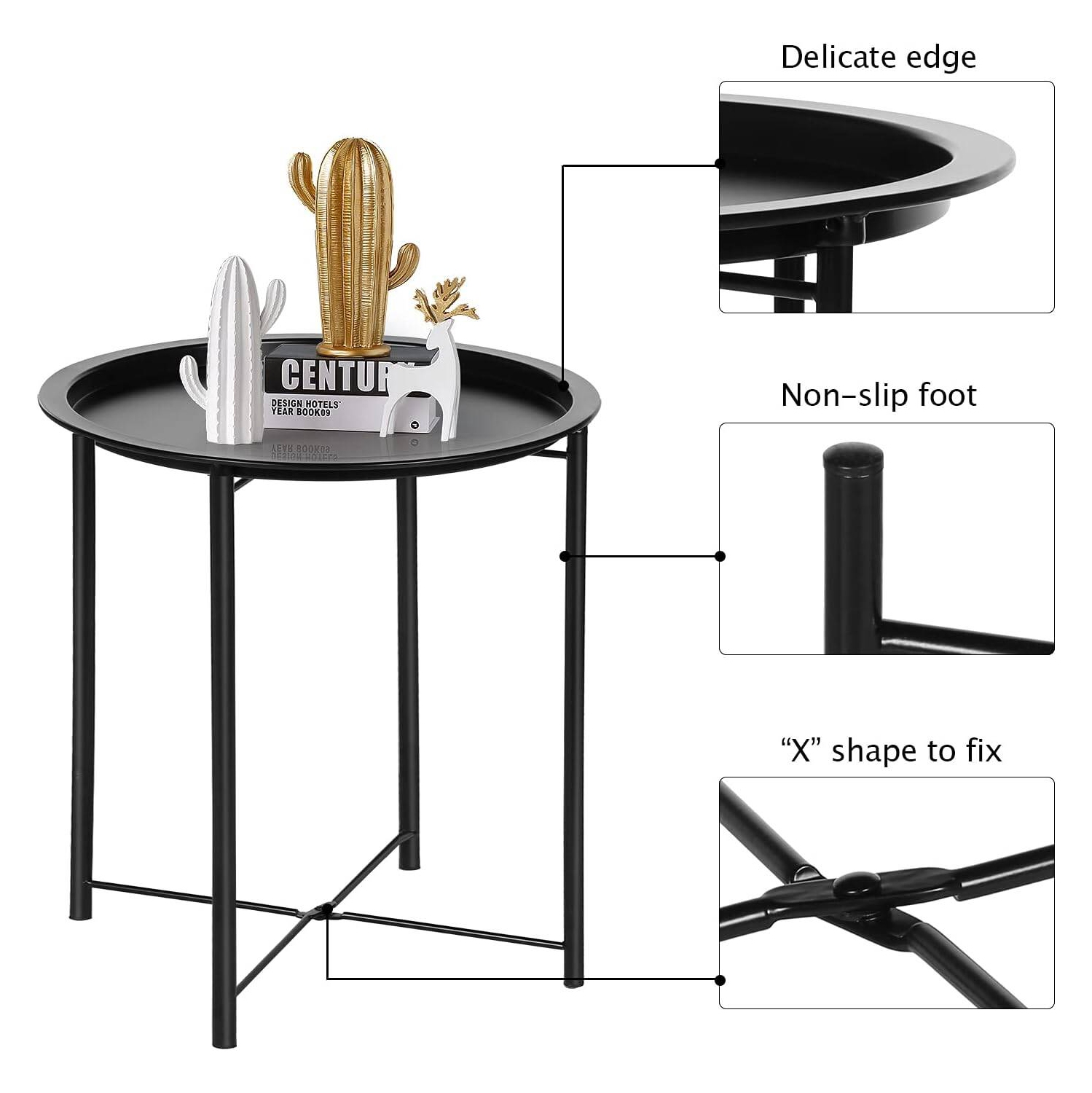 Table d'extrémité/latérale, plateau extérieur/intérieur pliant en métal rond, résistant à la rouille, pour le salon, la chambre, le balcon et le