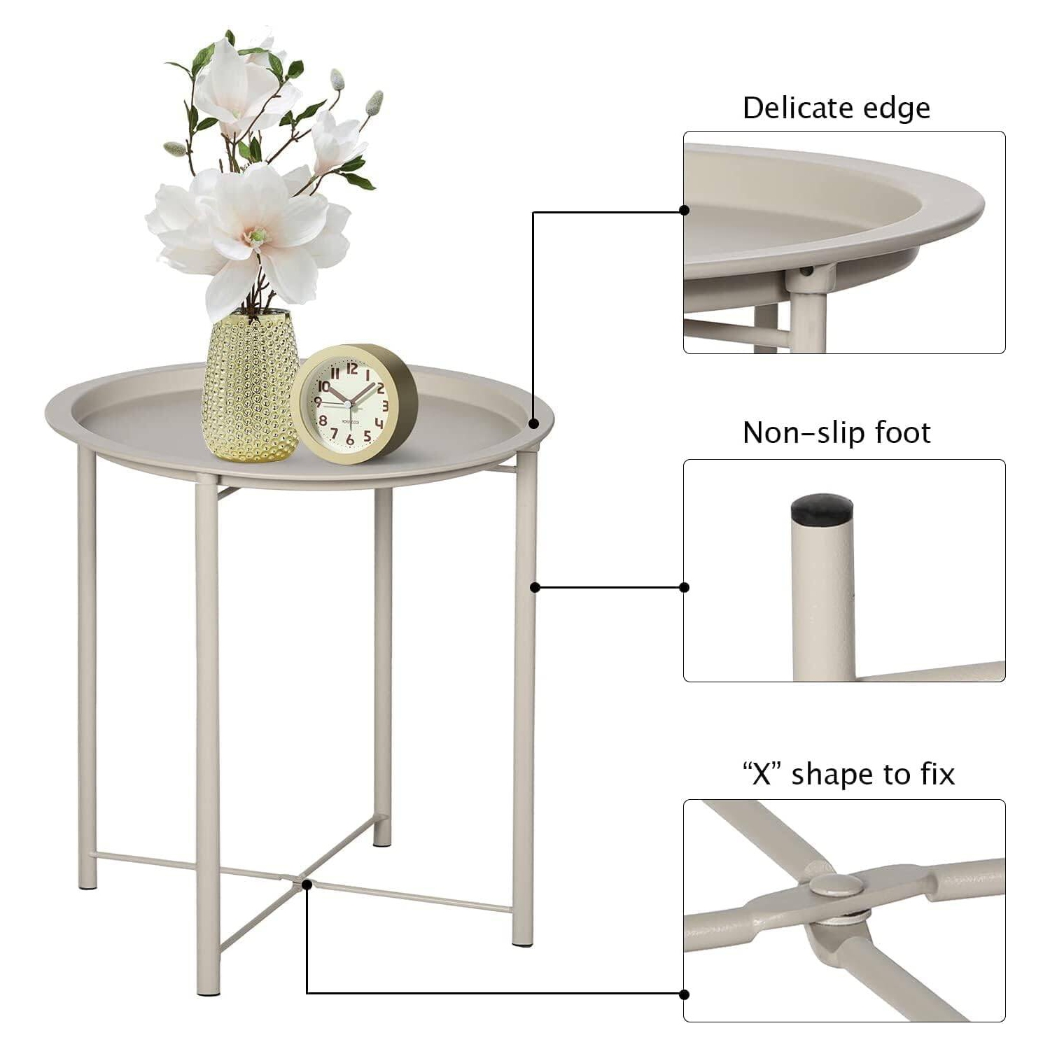Table d'extrémité/latérale, plateau extérieur/intérieur pliant en métal rond, résistant à la rouille, pour le salon, la chambre, le balcon et le