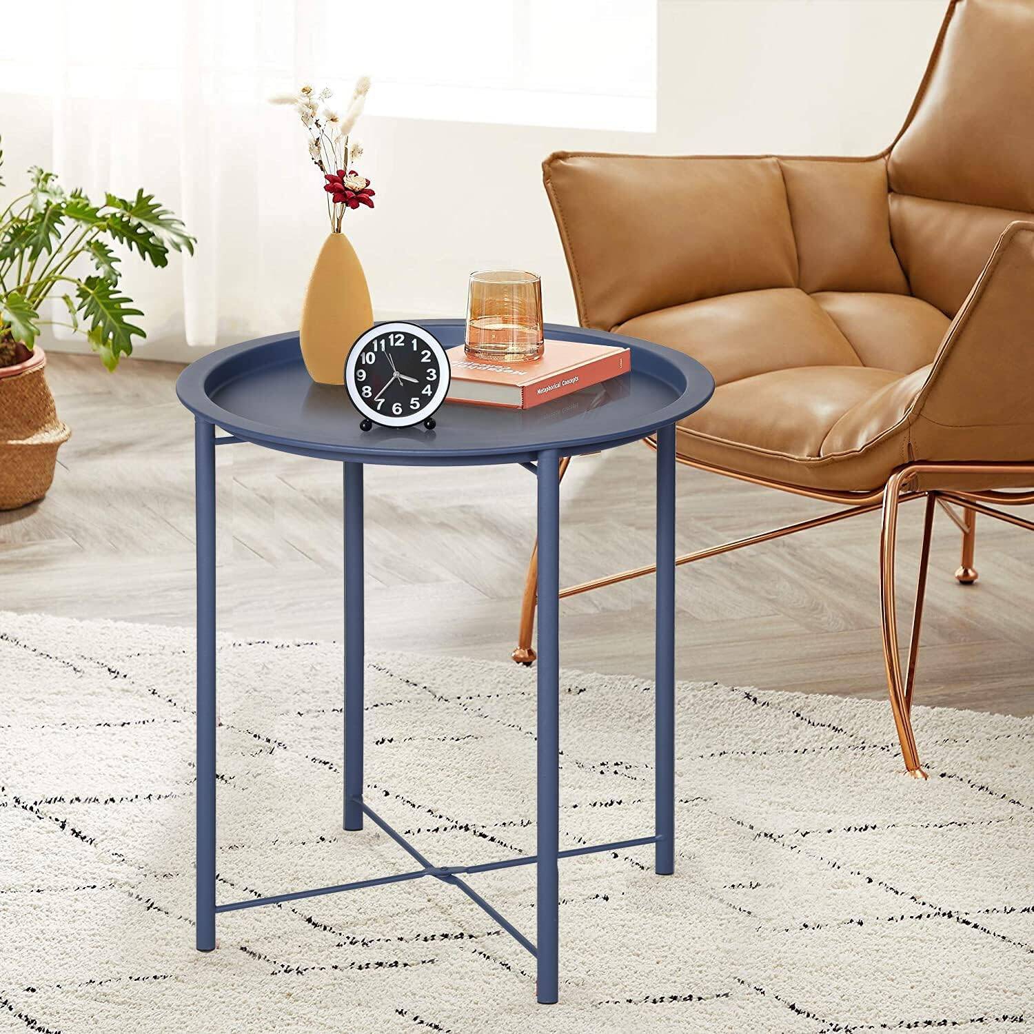 Table d'extrémité/latérale, plateau extérieur/intérieur pliant en métal rond, résistant à la rouille, pour le salon, la chambre, le balcon et le