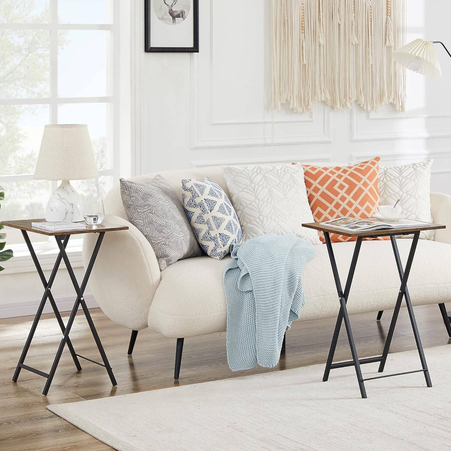 Folding TV Tray for Eating Set of 2, Portable Snack Table DinnerTable with Cup Holder for Couch, Living Room, Brown