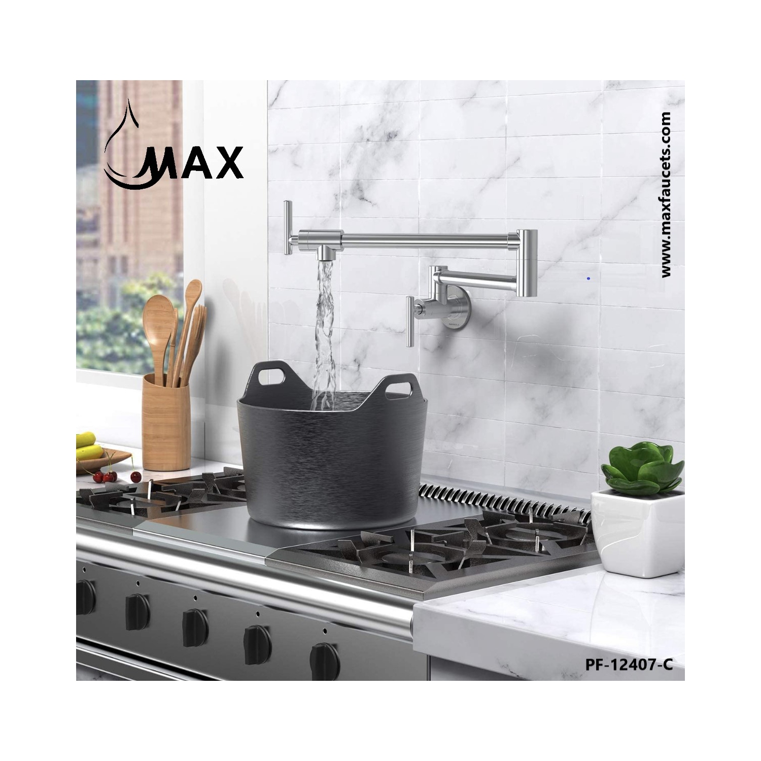 MAX Faucets | Pot Filler Faucet Double Handle Commercial Wall Mounted 26" With Accessories Chrome Finish.