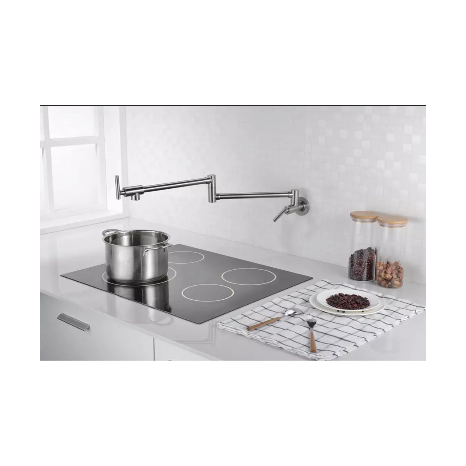 MAX Faucets | Wall Mounted Pot Filler Faucet Double Handle Commercial 26" With Accessories Brushed Nickel Finish