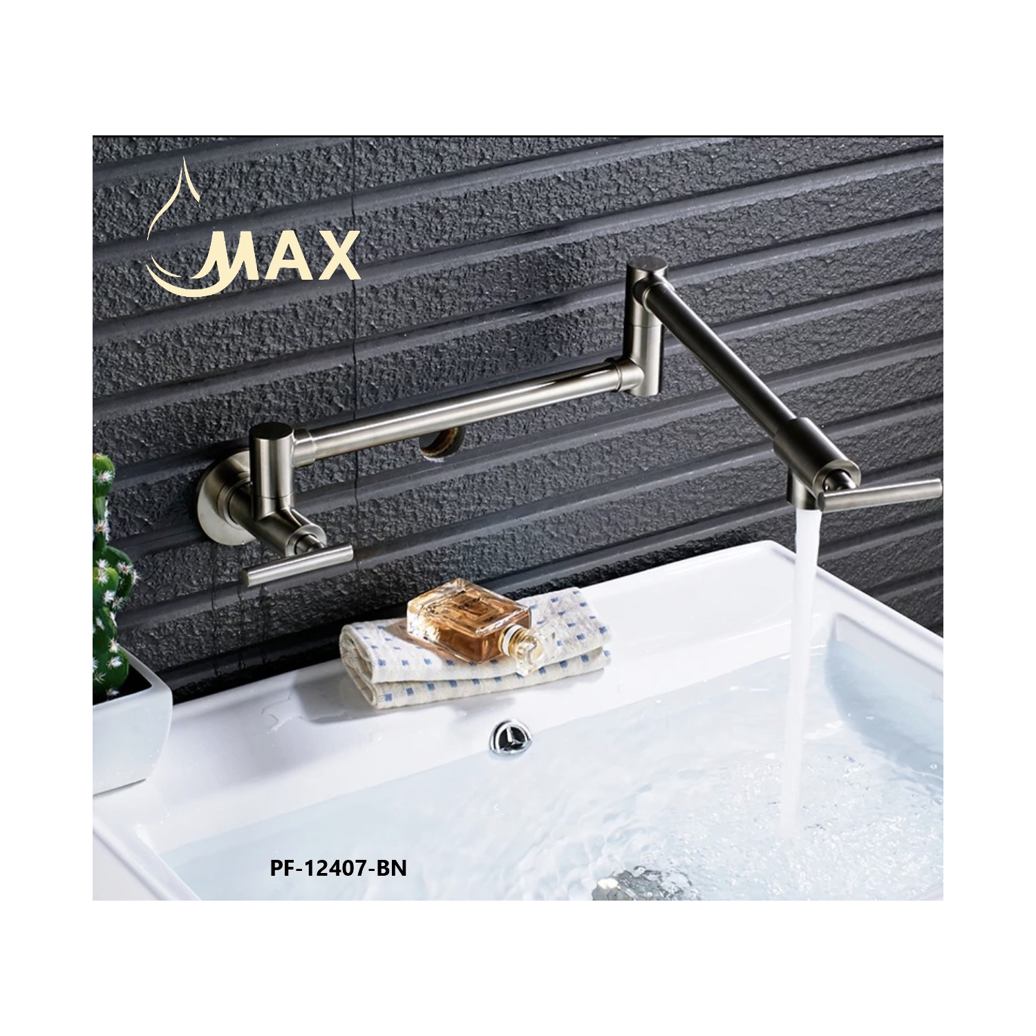 MAX Faucets | Wall Mounted Pot Filler Faucet Double Handle Commercial 26" With Accessories Brushed Nickel Finish