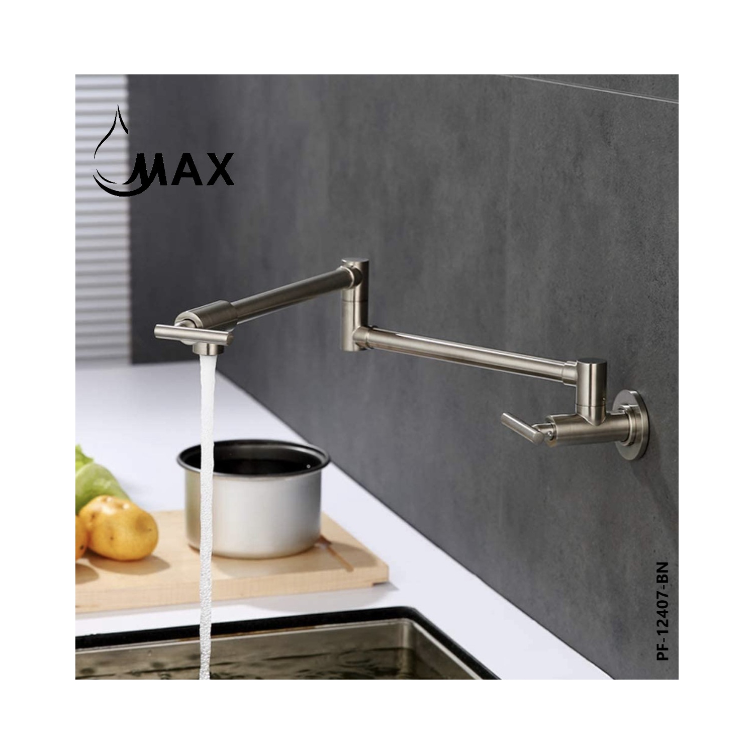 MAX Faucets | Wall Mounted Pot Filler Faucet Double Handle Commercial 26" With Accessories Brushed Nickel Finish