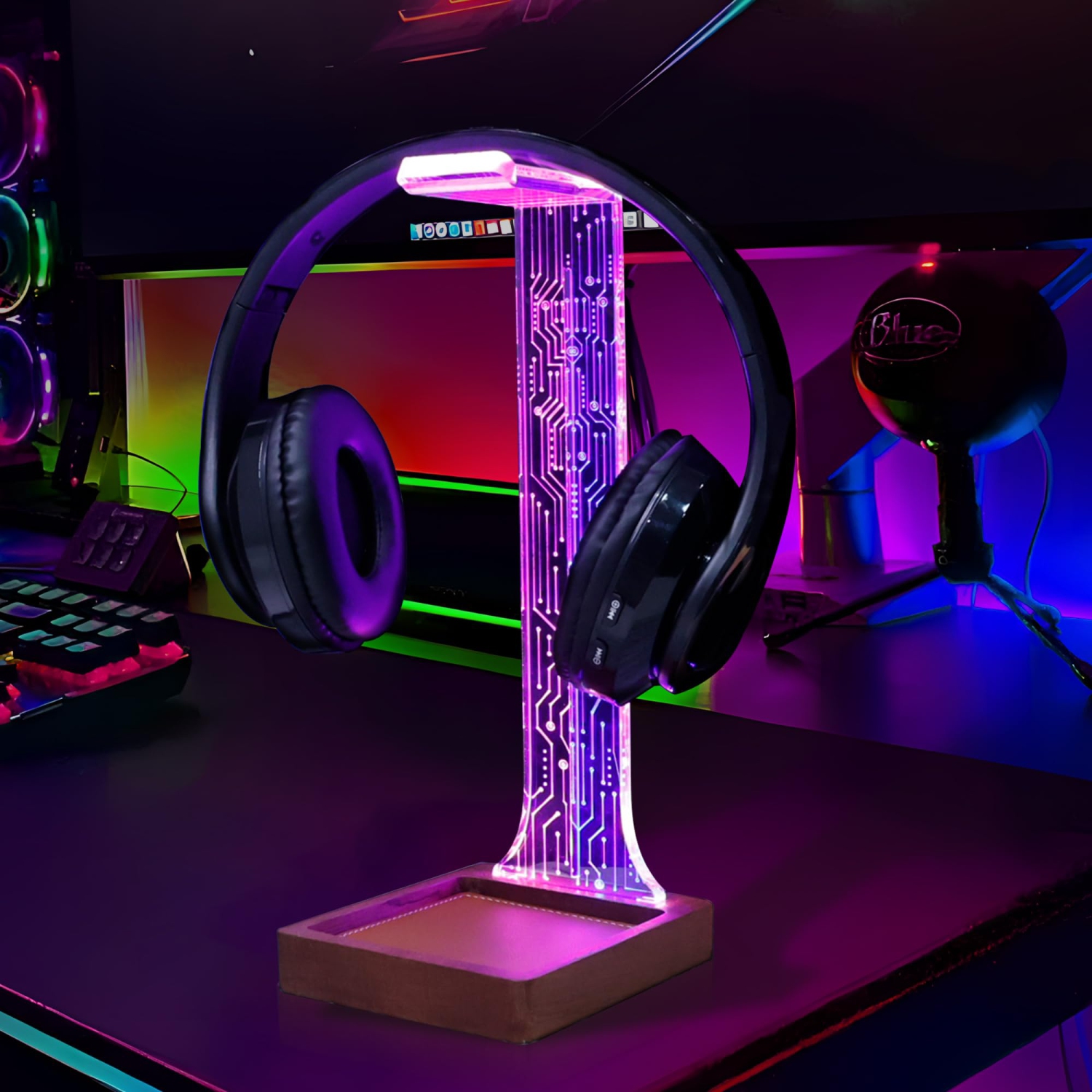 Headphone Stand with Tray, Wood Holder for Gaming Headset with Blue/Pink LED Night Lights. Perfect Gifts for Gamers, Men, and Music Lovers.