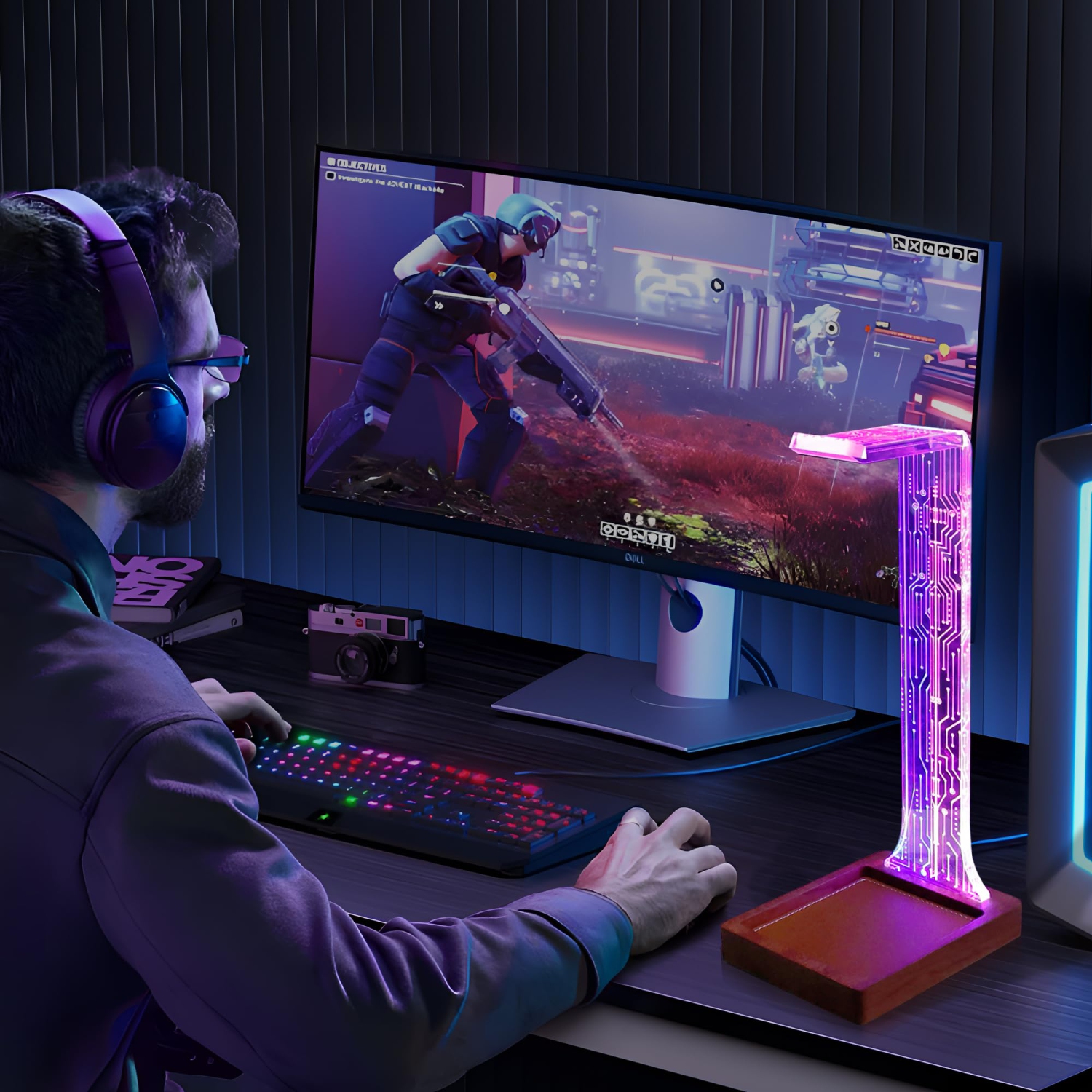 Headphone Stand with Tray, Wood Holder for Gaming Headset with Blue/Pink LED Night Lights. Perfect Gifts for Gamers, Men, and Music Lovers.