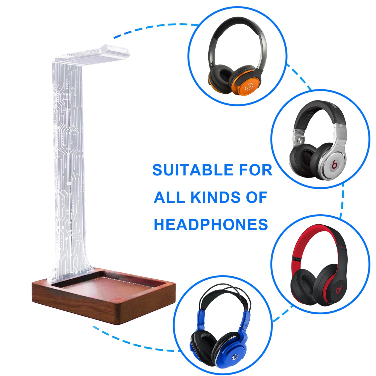 Headphone Stand with Tray, Wood Holder for Gaming Headset with Blue/Pink LED Night Lights. Perfect Gifts for Gamers, Men, and Music Lovers.