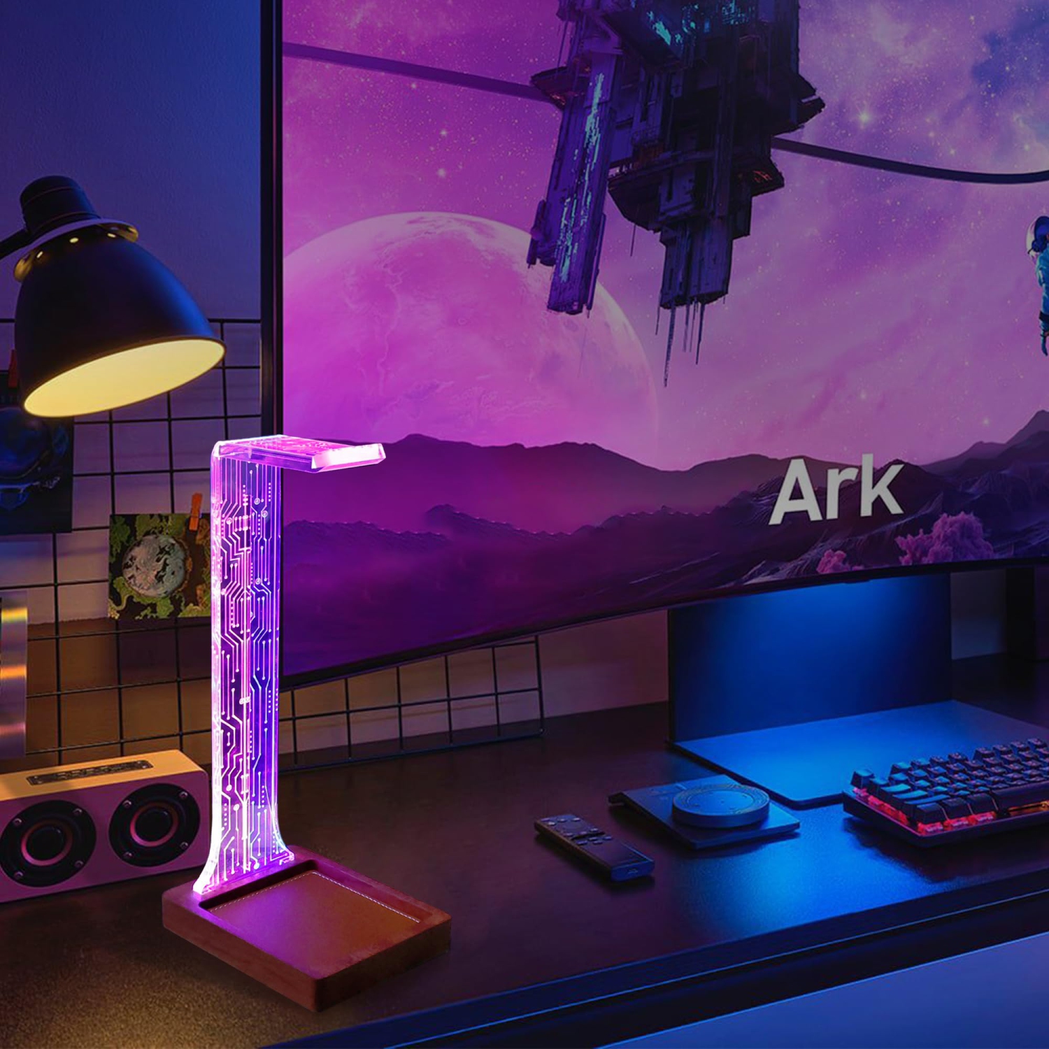 Headphone Stand with Tray, Wood Holder for Gaming Headset with Blue/Pink LED Night Lights. Perfect Gifts for Gamers, Men, and Music Lovers.