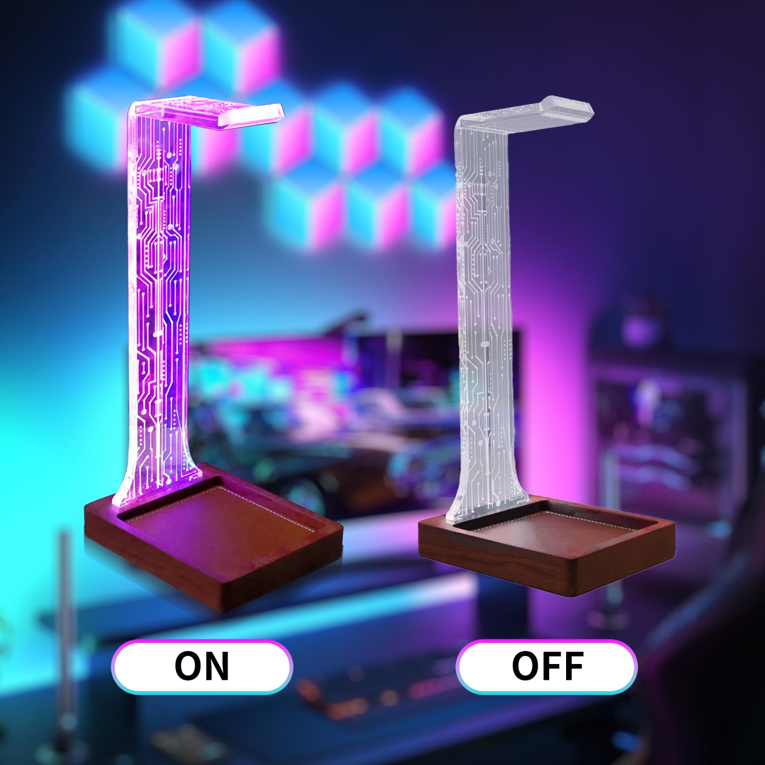 Headphone Stand with Tray, Wood Holder for Gaming Headset with Blue/Pink LED Night Lights. Perfect Gifts for Gamers, Men, and Music Lovers.