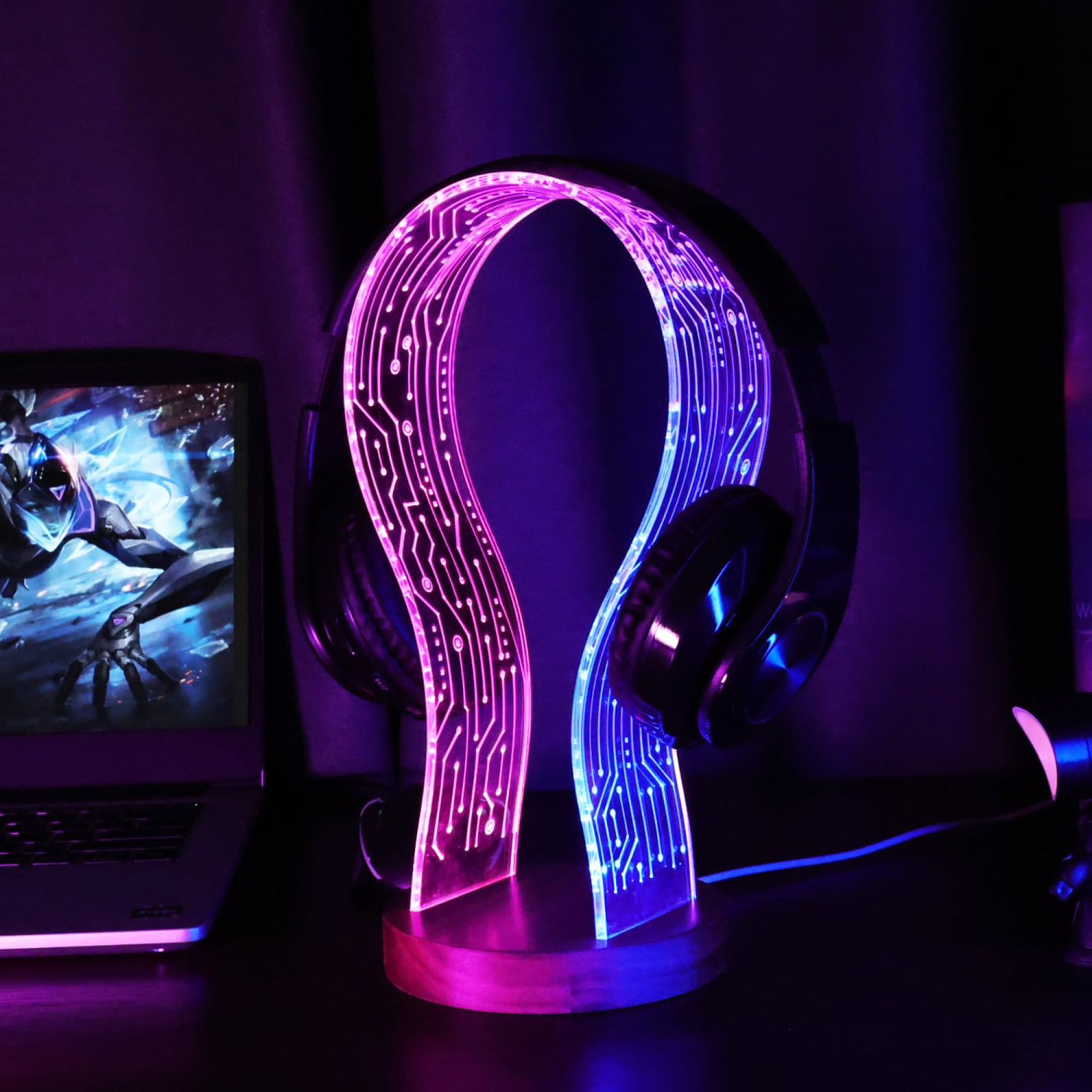 Joueurs et amateurs de musique, support d'écouteurs lumineux, support de casque d'écoute en bois avec veilleuse DEL bleue rose, accessoire de bureau