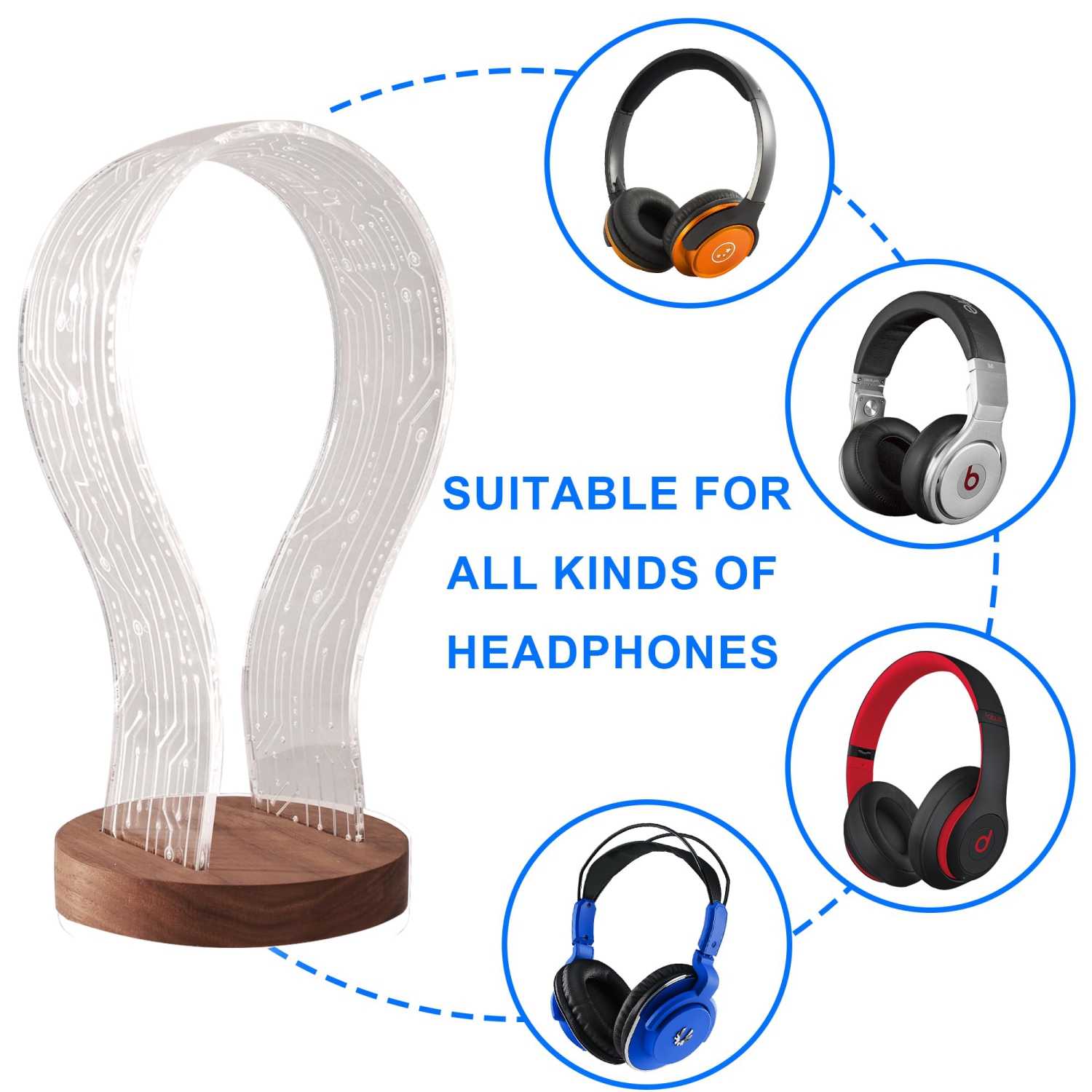 Joueurs et amateurs de musique, support d'écouteurs lumineux, support de casque d'écoute en bois avec veilleuse DEL bleue rose, accessoire de bureau