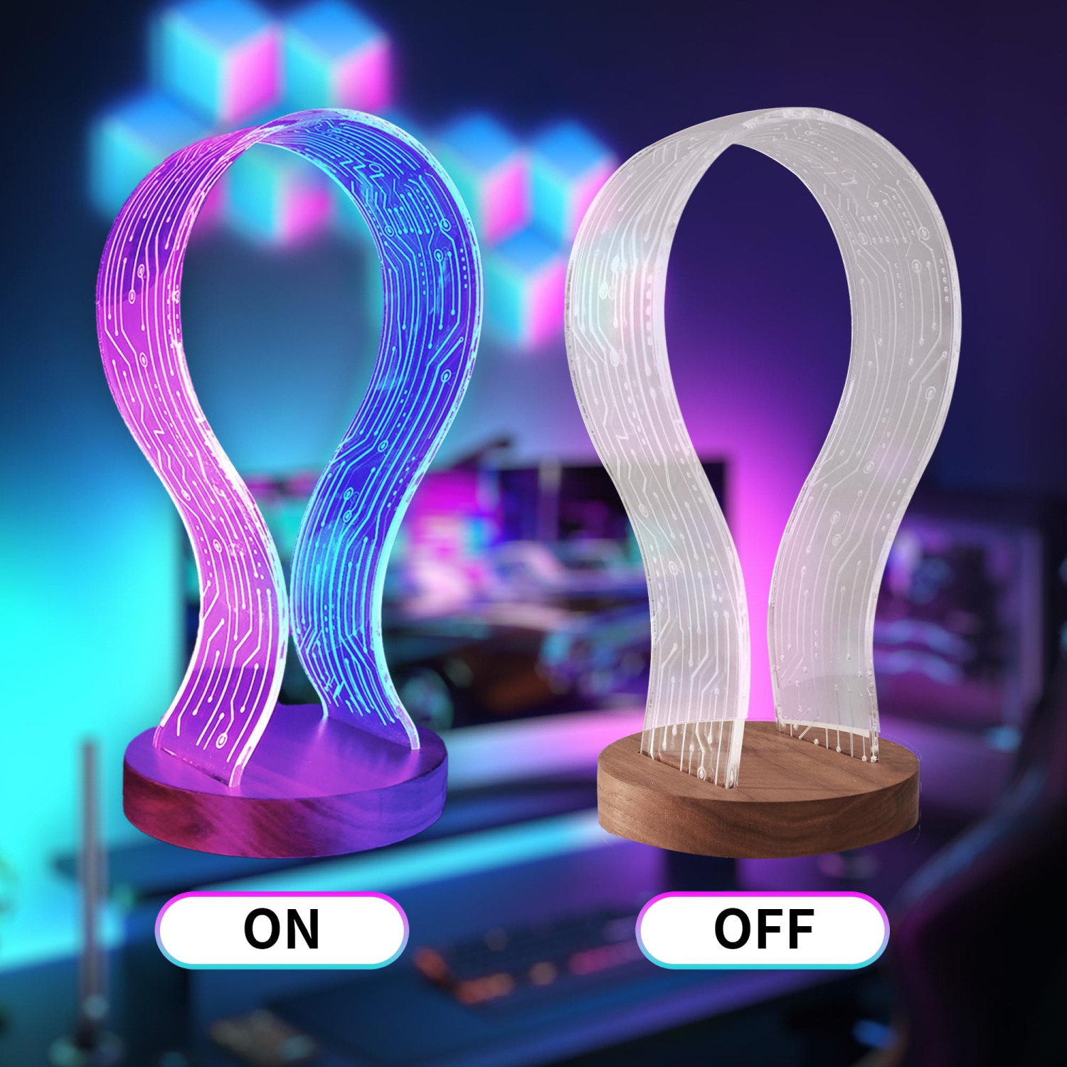 Joueurs et amateurs de musique, support d'écouteurs lumineux, support de casque d'écoute en bois avec veilleuse DEL bleue rose, accessoire de bureau