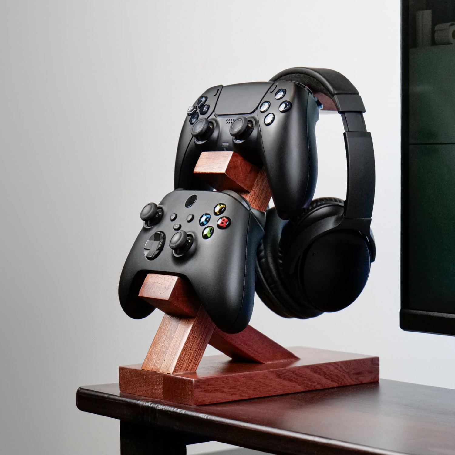 2 in 1 Wooden Controller Holder Compatible with Xbox Series PS5 PC STEAM Switch, Quality Pine Wood Headphone Stand Display Headset Holder for
