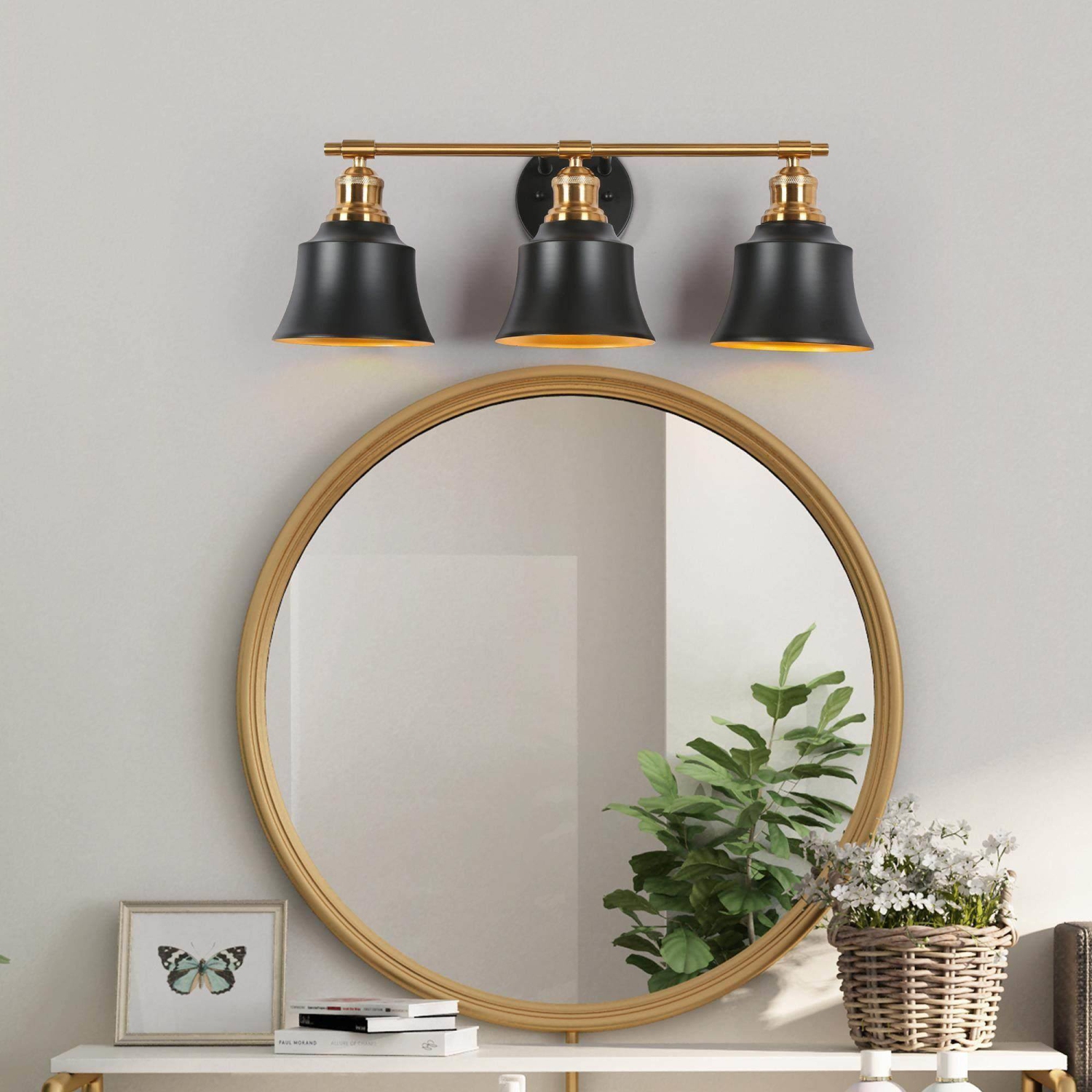 Modern Black Bathroom Vanity Light, 22 in. 3-Light Farmhouse Gold Bell Wall Sconce Light