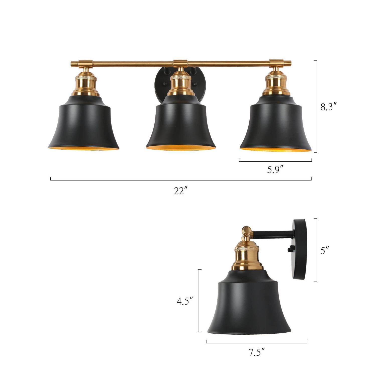Modern Black Bathroom Vanity Light, 22 in. 3-Light Farmhouse Gold Bell Wall Sconce Light