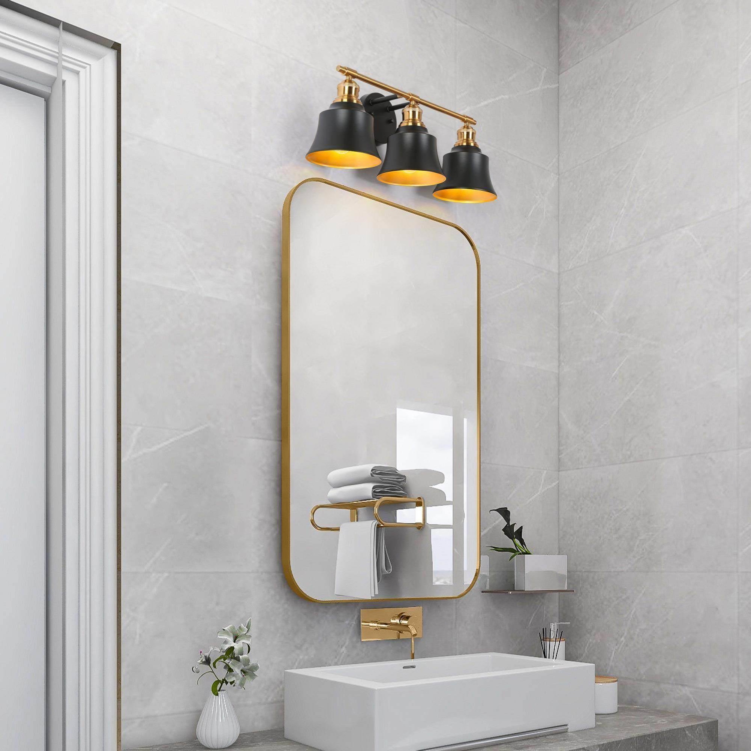 Modern Black Bathroom Vanity Light, 22 in. 3-Light Farmhouse Gold Bell Wall Sconce Light