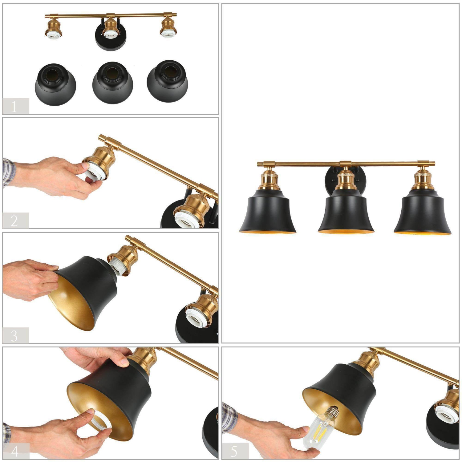 Modern Black Bathroom Vanity Light, 22 in. 3-Light Farmhouse Gold Bell Wall Sconce Light