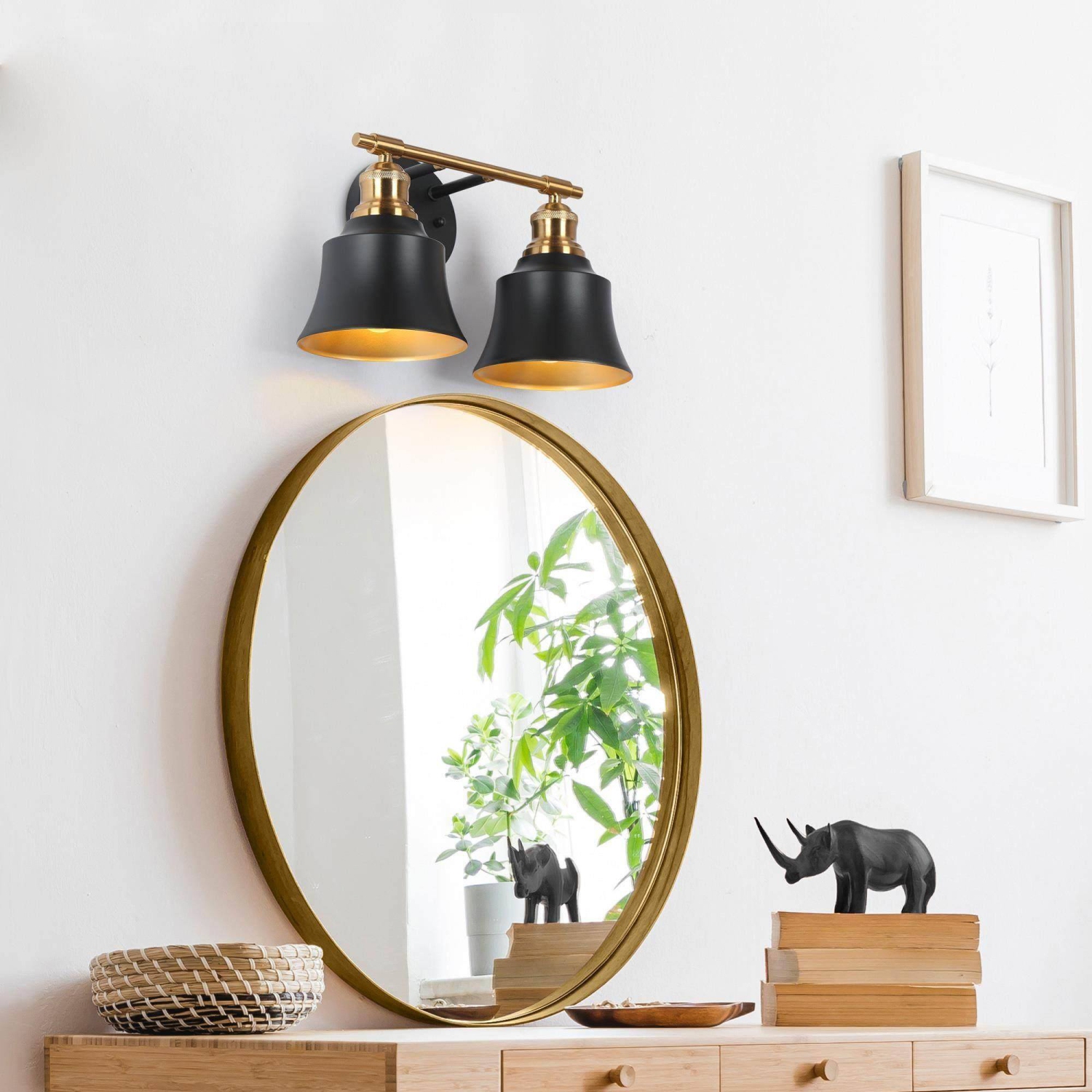 Modern Black Bathroom Wall Light, 14 in. 2-Light Farmhouse Gold Bell Wall Sconce