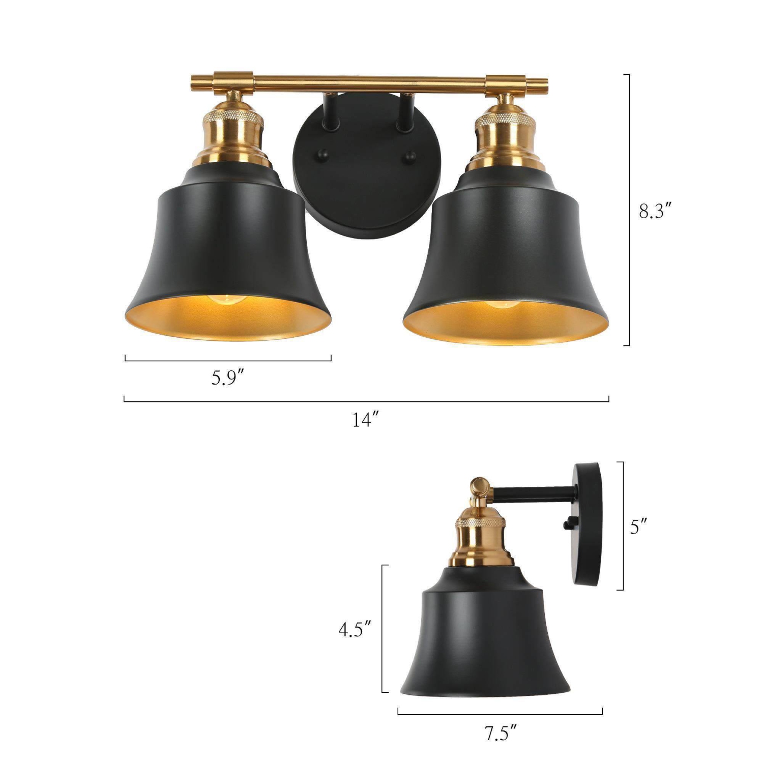 Modern Black Bathroom Wall Light, 14 in. 2-Light Farmhouse Gold Bell Wall Sconce