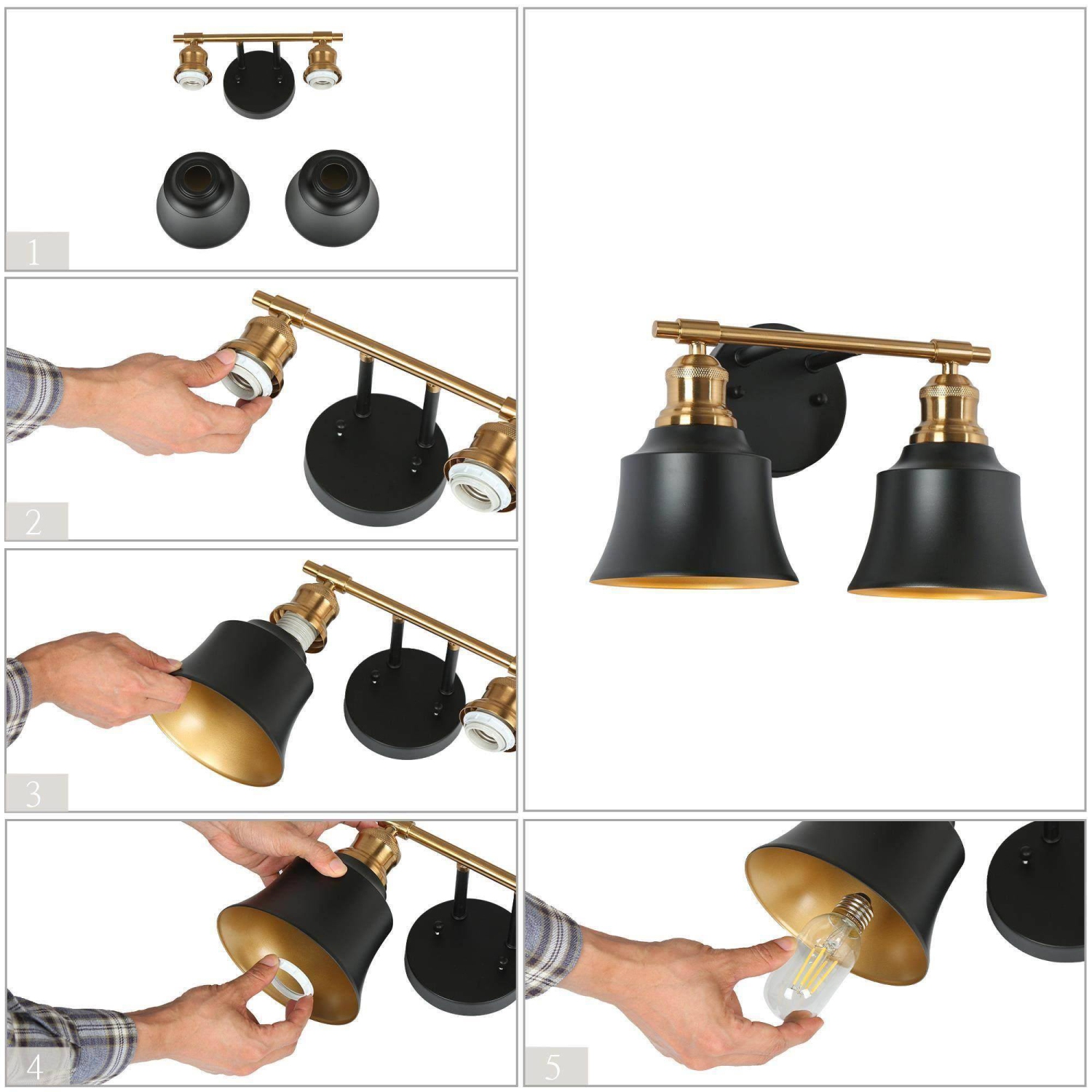 Modern Black Bathroom Wall Light, 14 in. 2-Light Farmhouse Gold Bell Wall Sconce