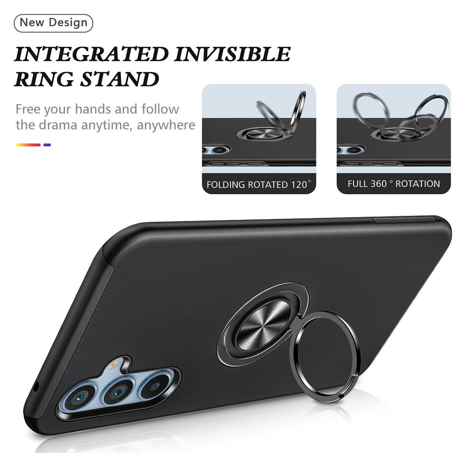 [CS] Hybrid Magnetic Kickstand Invisible Ring Case Cover for Samsung Galaxy A15, Black