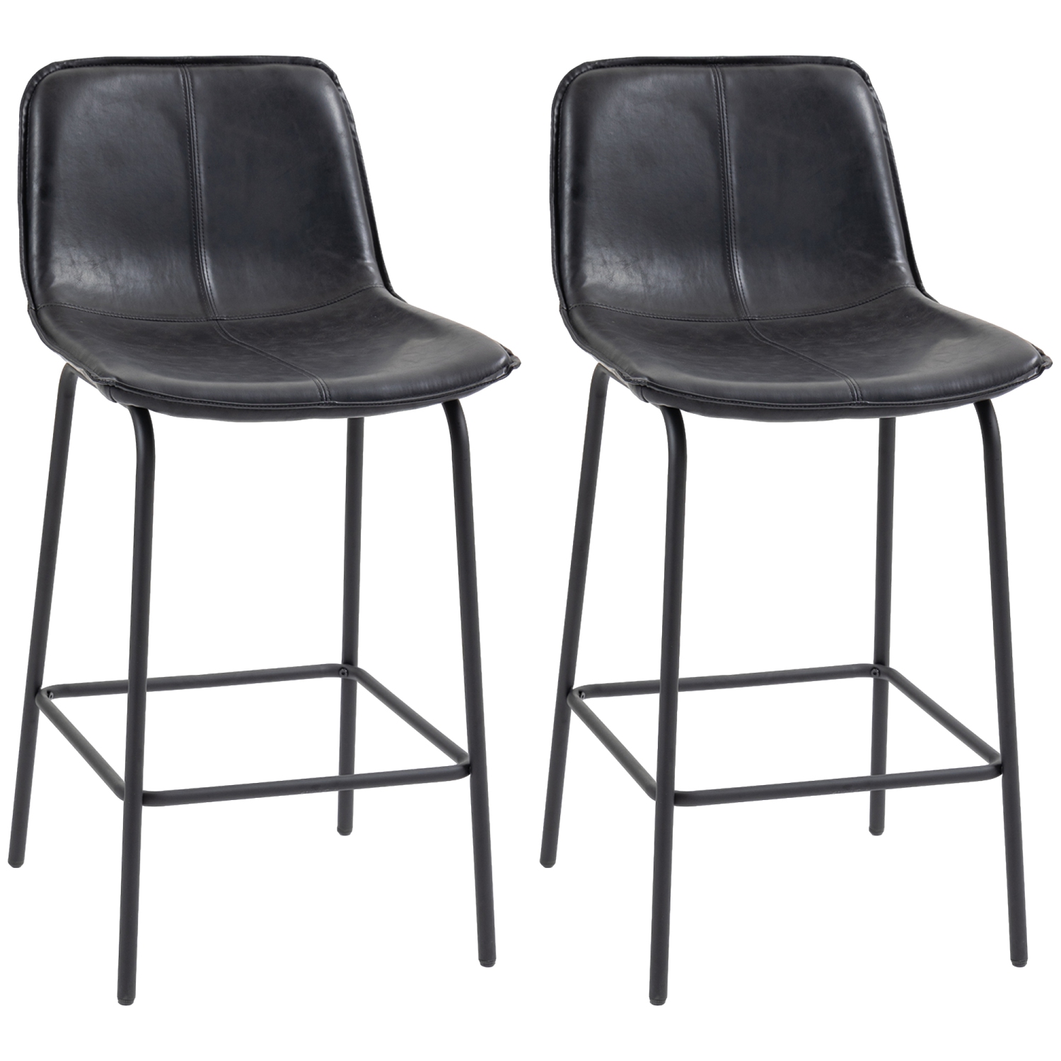 HOMCOM Bar Stools Set of 2, Upholstered Counter Height Bar Chairs, 26" Kitchen Stools with Steel Legs for Dining Area, Kitchen Aisle, Black