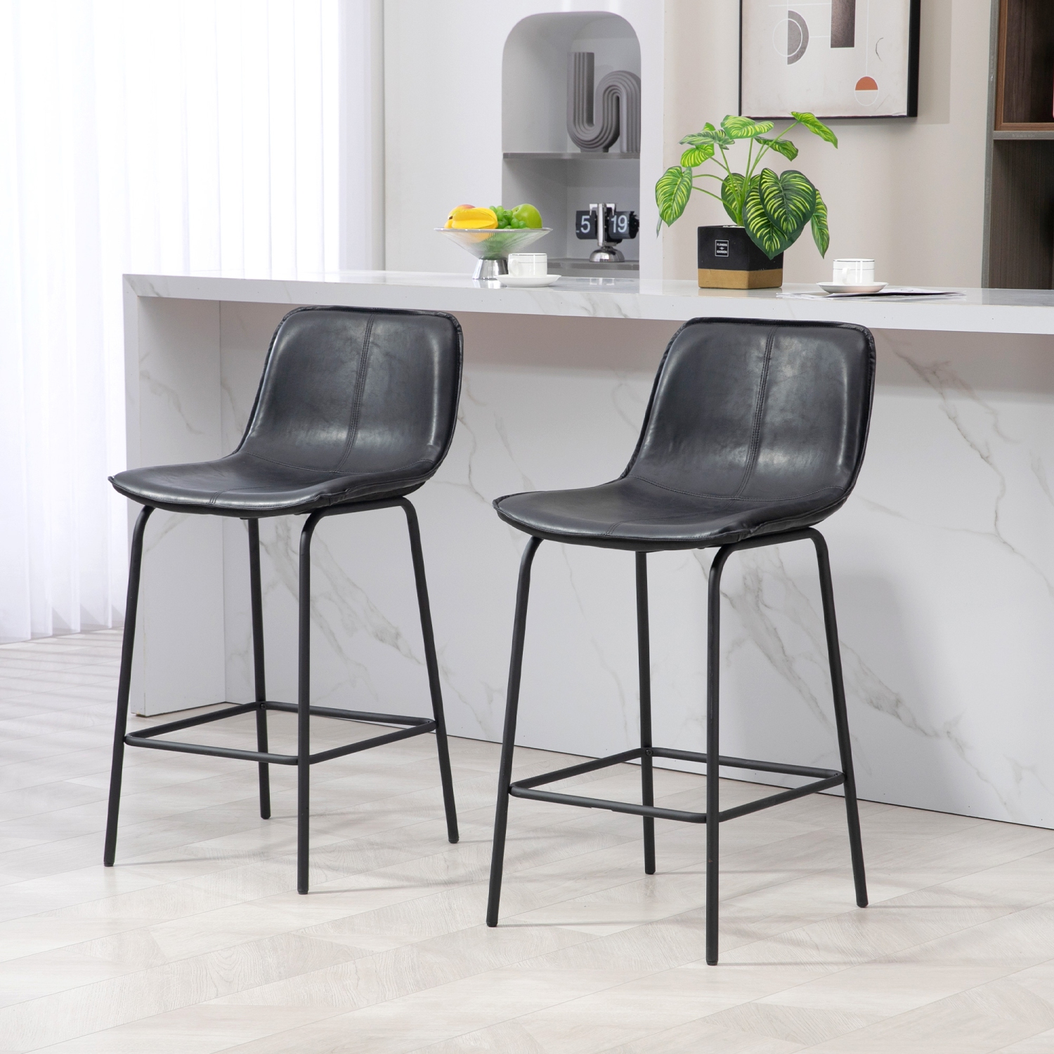 HOMCOM Bar Stools Set of 2, Upholstered Counter Height Bar Chairs, 26" Kitchen Stools with Steel Legs for Dining Area, Kitchen Aisle, Black