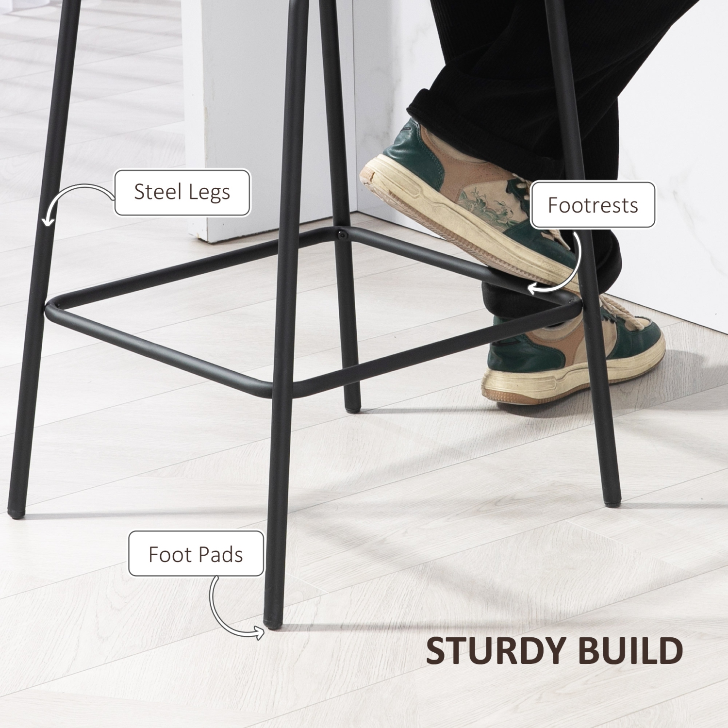 HOMCOM Bar Stools Set of 2, Upholstered Counter Height Bar Chairs, 26" Kitchen Stools with Steel Legs for Dining Area, Kitchen Aisle, Black