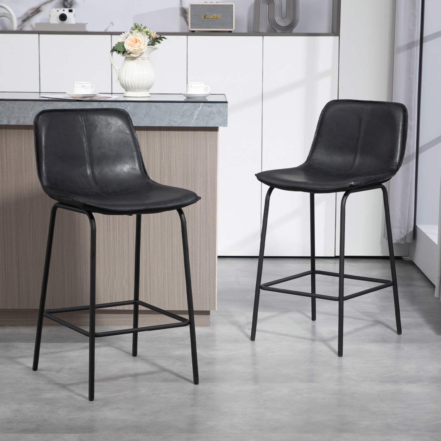 HOMCOM Bar Stools Set of 2, Upholstered Counter Height Bar Chairs, 26" Kitchen Stools with Steel Legs for Dining Area, Kitchen Aisle, Black