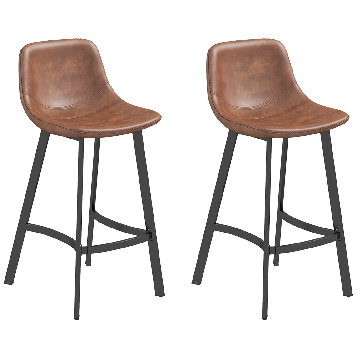 HOMCOM 27" Counter Height Bar Stools Set of 2, Industrial Kitchen Stool, Upholstered Armless Bar Chairs with Back, Steel Legs, Brown