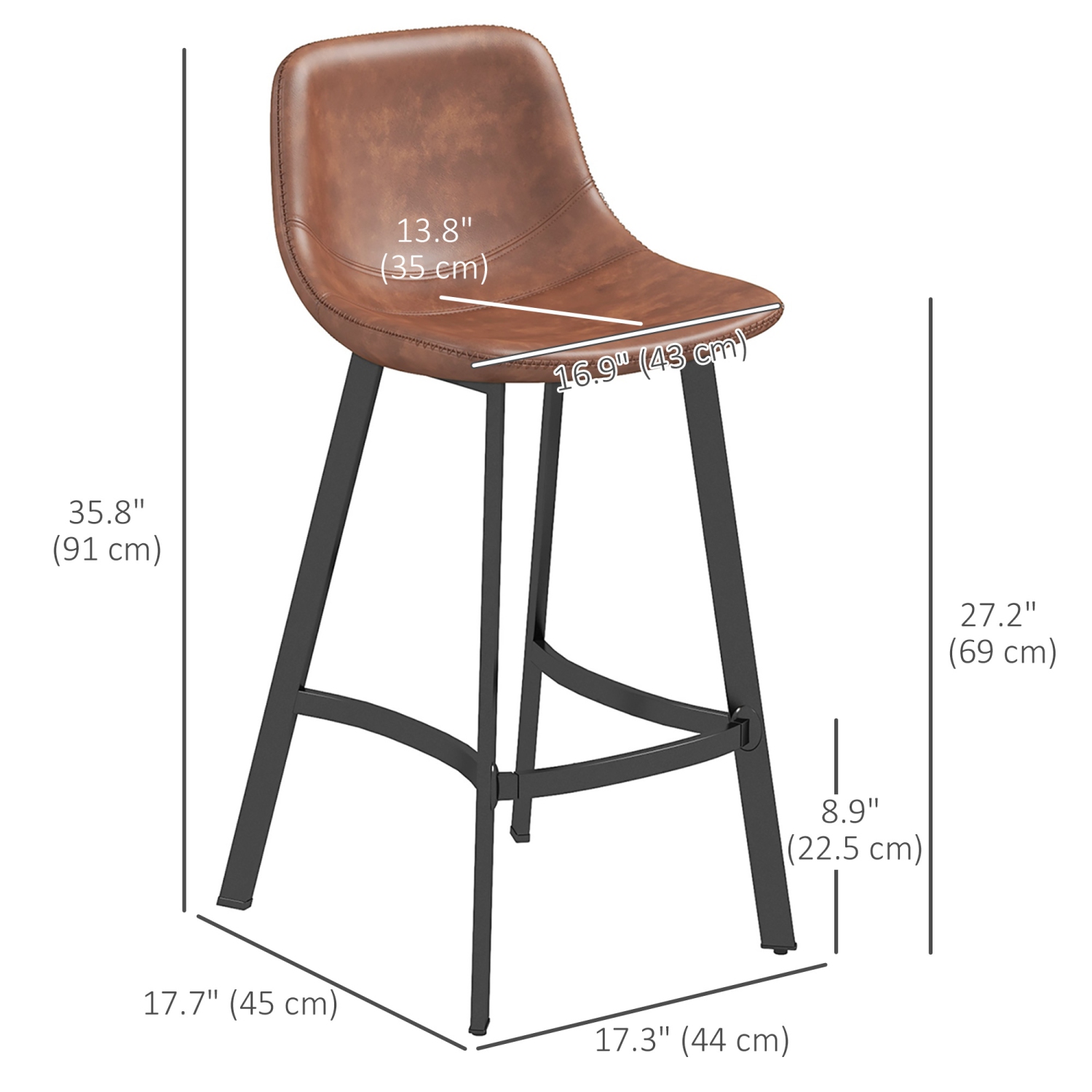 HOMCOM 27" Counter Height Bar Stools Set of 2, Industrial Kitchen Stool, Upholstered Armless Bar Chairs with Back, Steel Legs, Brown