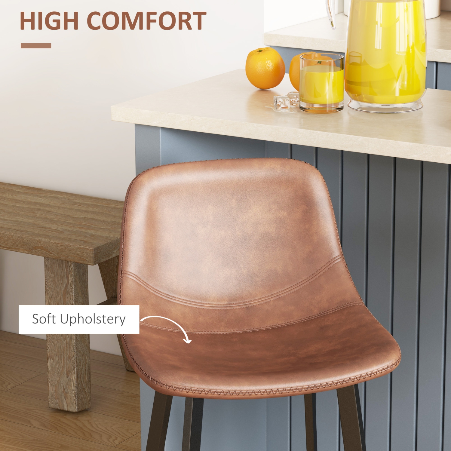 HOMCOM 27" Counter Height Bar Stools Set of 2, Industrial Kitchen Stool, Upholstered Armless Bar Chairs with Back, Steel Legs, Brown