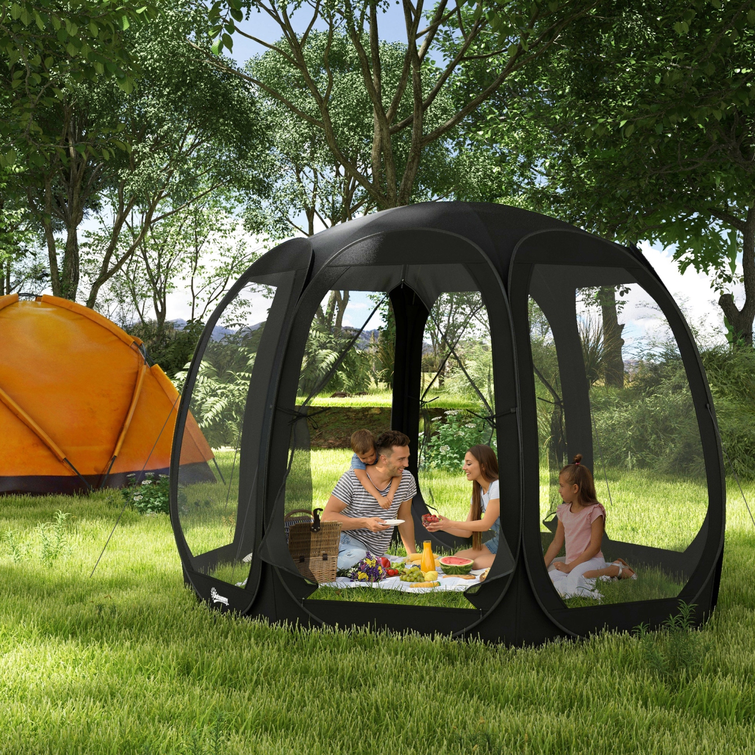 Outsunny 11' x 11.5' Screen Tent House, Pop Up Tent Gazebo with Nettings, Portable Carry Bag and 2 Doors, Black