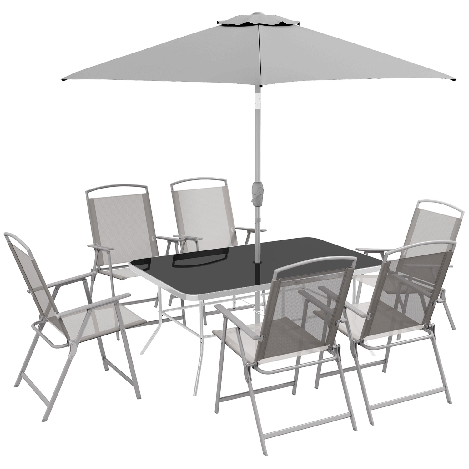 Outsunny 8 Piece Patio Dining Set for 6 with Umbrella, Outdoor Table and Chairs with 6 Folding Chairs with Mesh Seat and Rectangle Dining Table with