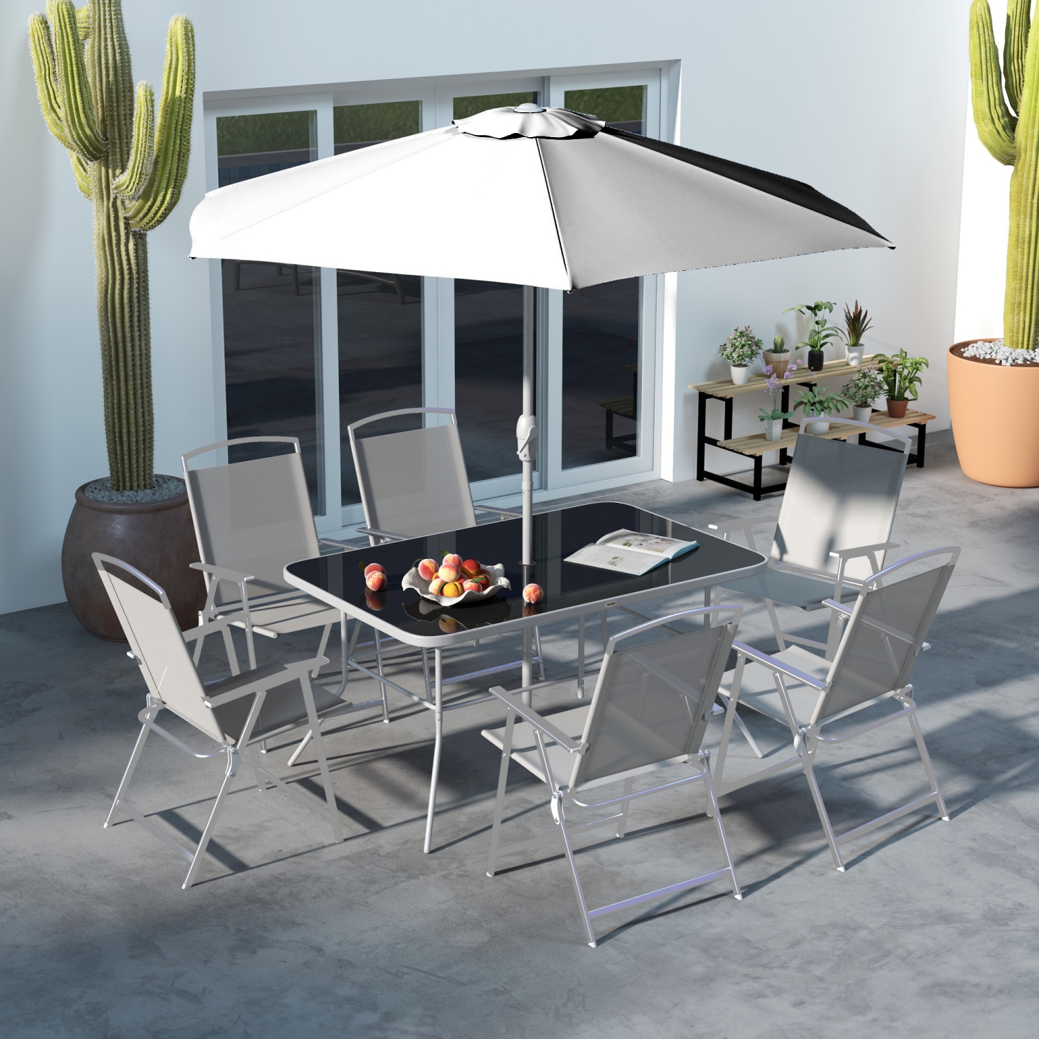 Outsunny 8 Piece Patio Dining Set for 6 with Umbrella, Outdoor Table and Chairs with 6 Folding Chairs with Mesh Seat and Rectangle Dining Table with