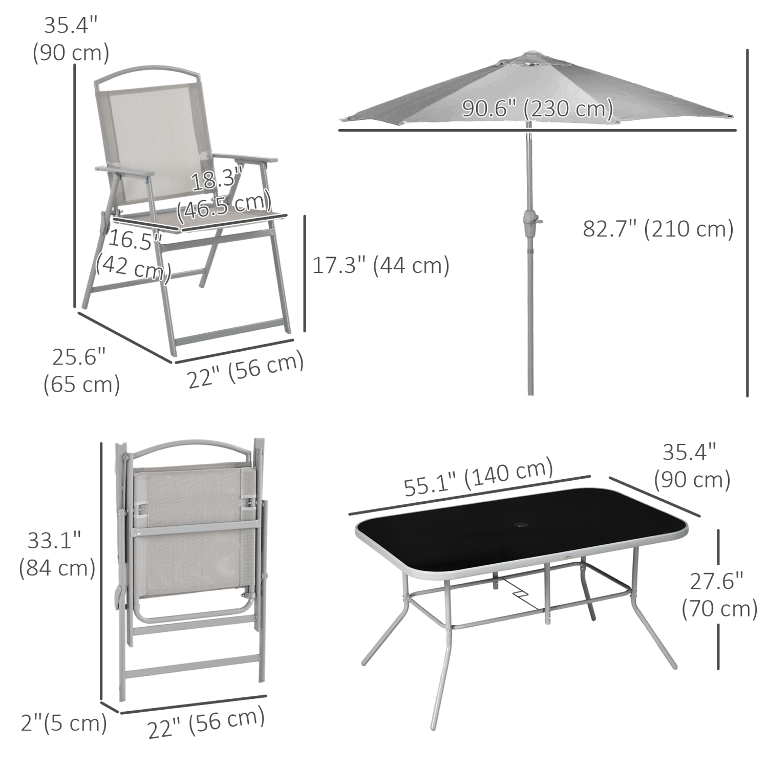 Outsunny 8 Piece Patio Dining Set for 6 with Umbrella, Outdoor Table and Chairs with 6 Folding Chairs with Mesh Seat and Rectangle Dining Table with