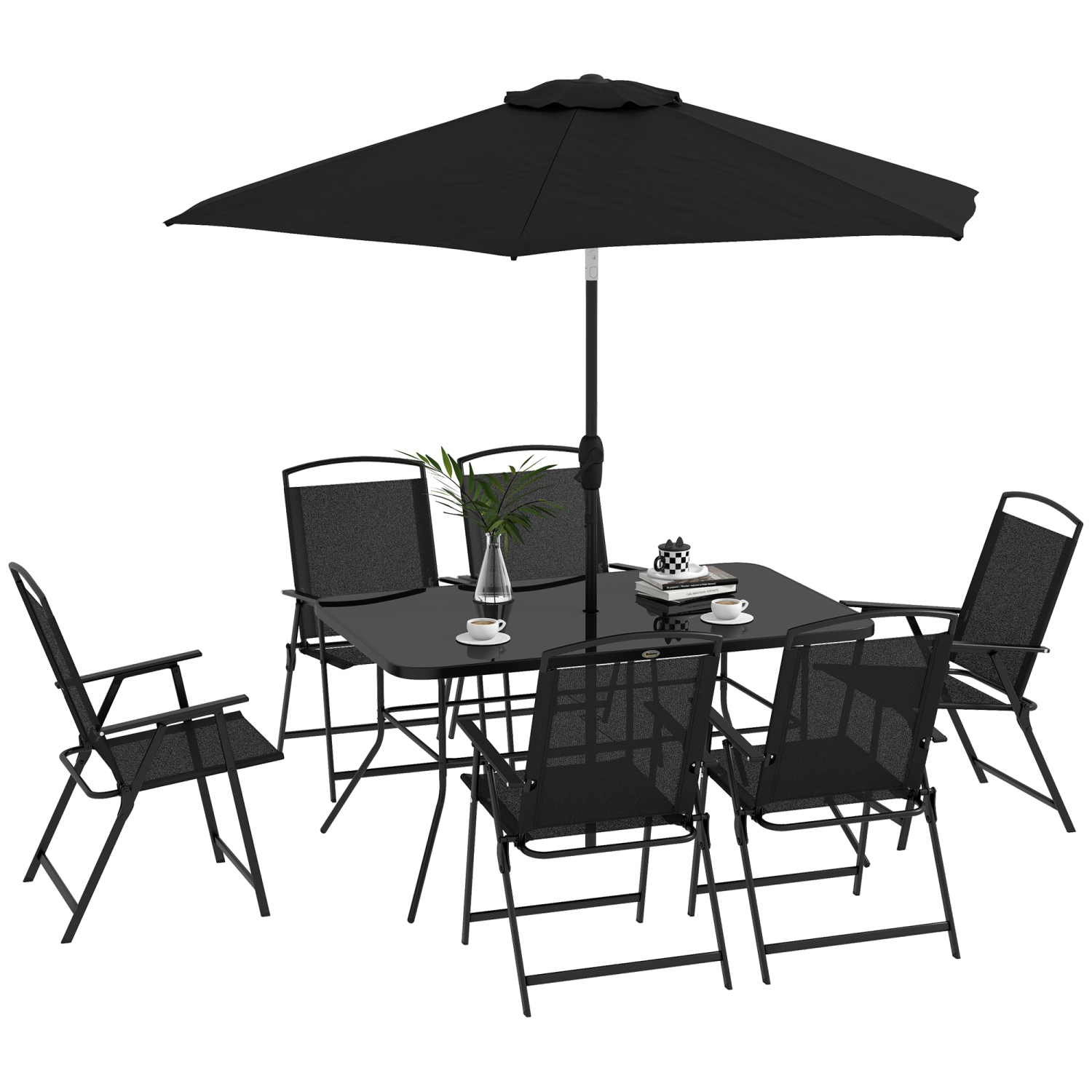 Outsunny 8 Piece Patio Dining Set for 6 with Umbrella, Outdoor Table and Chairs with 6 Folding Chairs with Mesh Seat and Rectangle Dining Table with