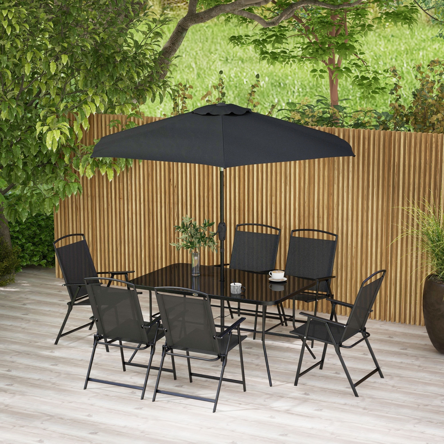 Outsunny 8 Piece Patio Dining Set for 6 with Umbrella, Outdoor Table and Chairs with 6 Folding Chairs with Mesh Seat and Rectangle Dining Table with