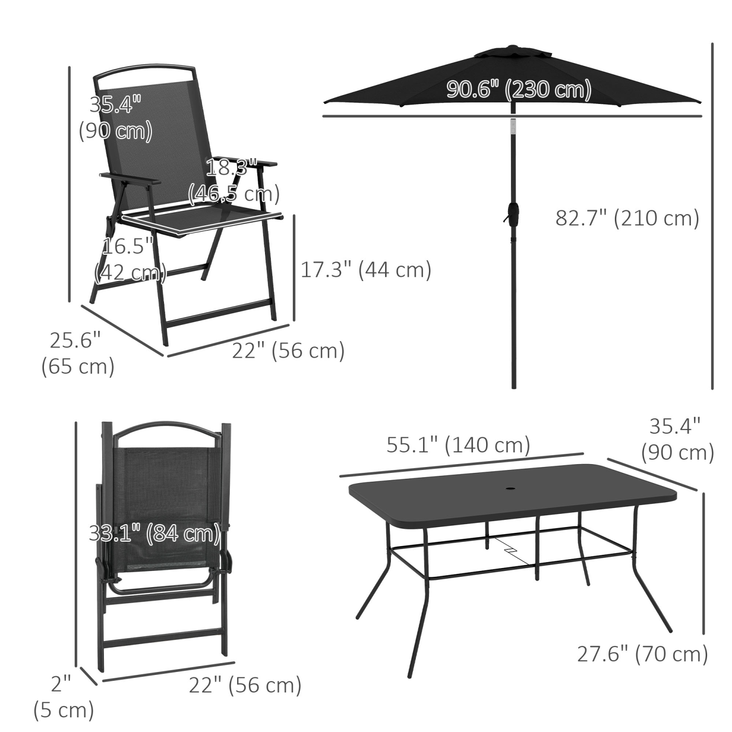 Outsunny 8 Piece Patio Dining Set for 6 with Umbrella, Outdoor Table and Chairs with 6 Folding Chairs with Mesh Seat and Rectangle Dining Table with