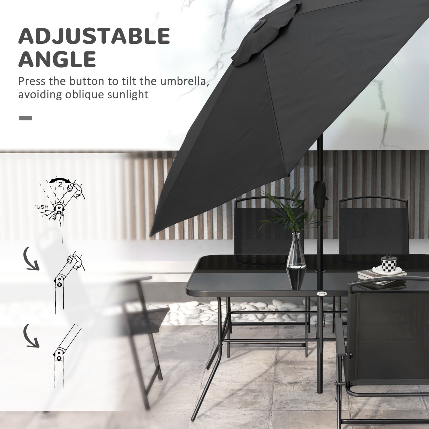 Outsunny 8 Piece Patio Dining Set for 6 with Umbrella, Outdoor Table and Chairs with 6 Folding Chairs with Mesh Seat and Rectangle Dining Table with