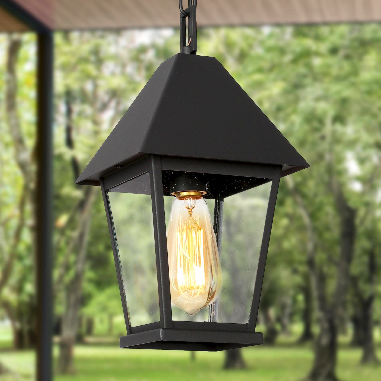 Modern Farmhouse Black Metal Outdoor Hanging Lights, 1-Light Classic Outdoor Pendant Light with Seeded Glass Shade