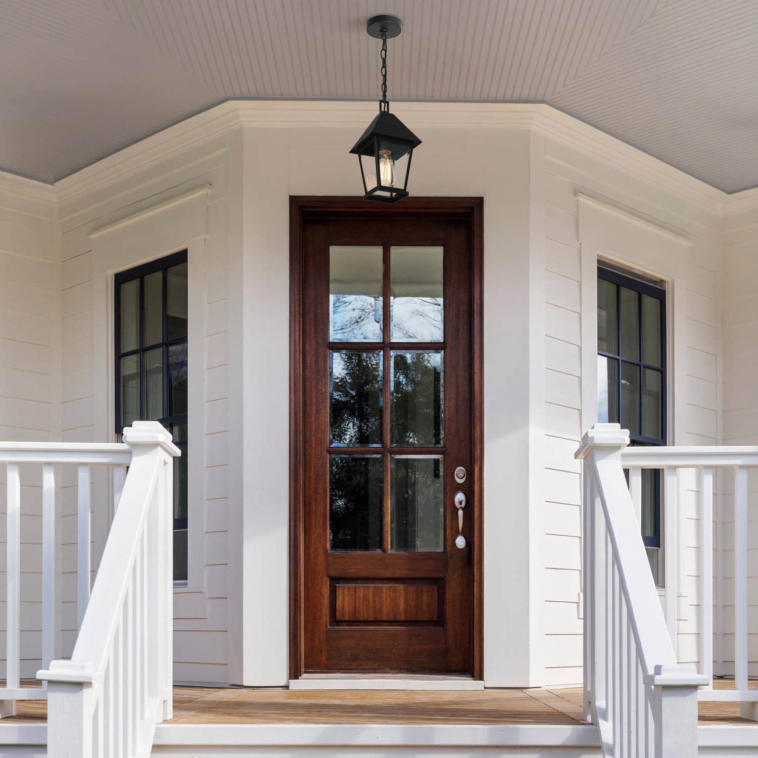 Modern Farmhouse Black Metal Outdoor Hanging Lights, 1-Light Classic Outdoor Pendant Light with Seeded Glass Shade
