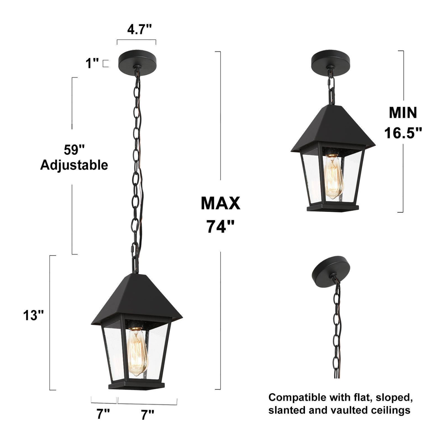 Modern Farmhouse Black Metal Outdoor Hanging Lights, 1-Light Classic Outdoor Pendant Light with Seeded Glass Shade