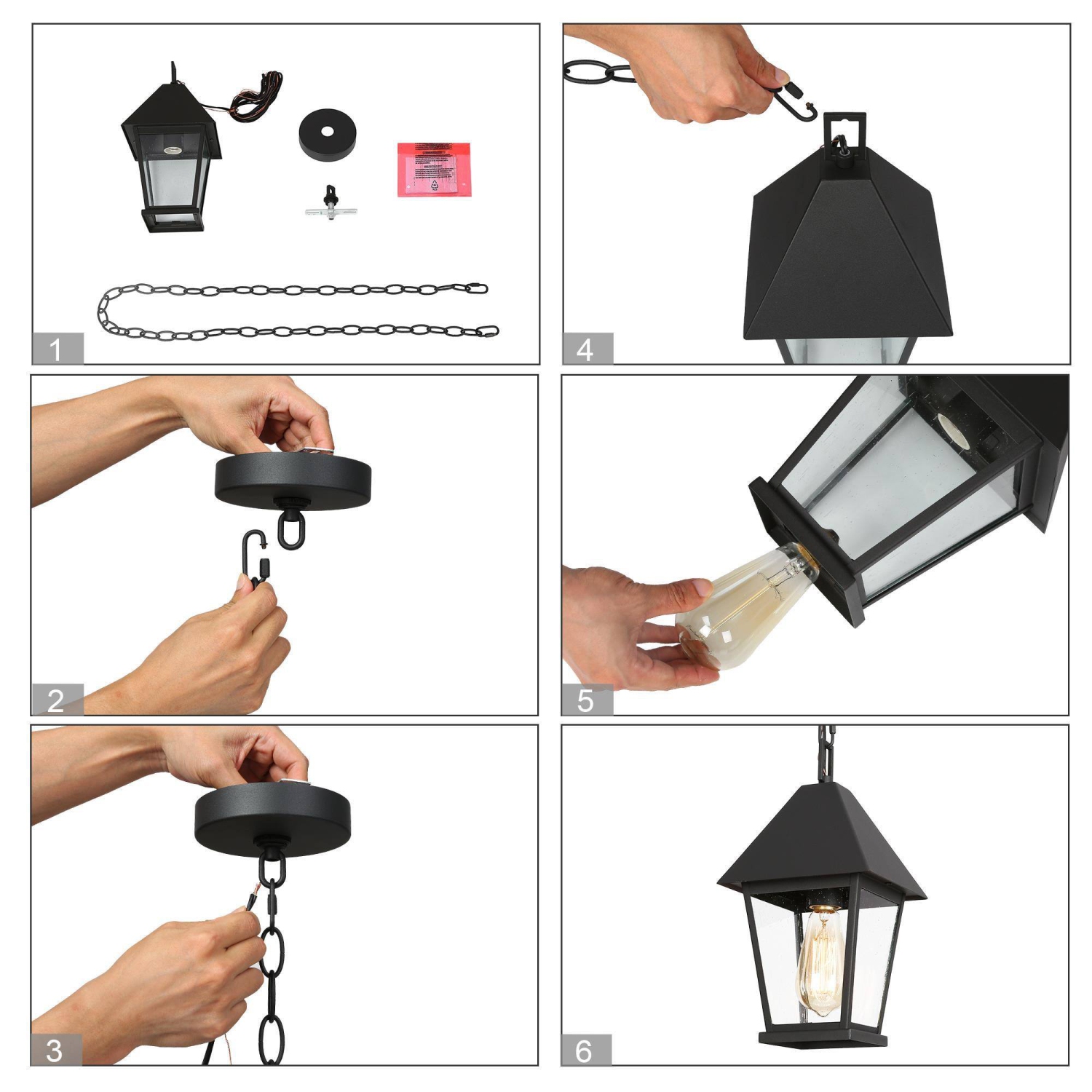 Modern Farmhouse Black Metal Outdoor Hanging Lights, 1-Light Classic Outdoor Pendant Light with Seeded Glass Shade