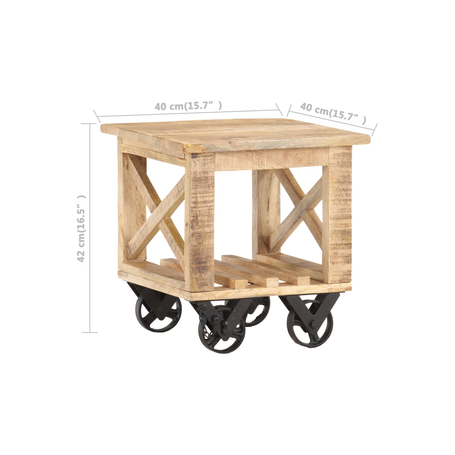 vidaXL Side Table with Wheels 40x40x42 cm Rough Mango Wood