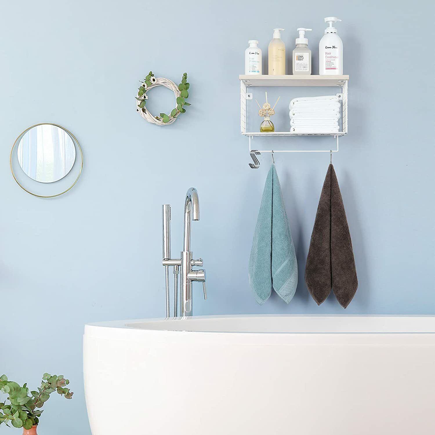 Étagère murale à crochets tablette d'entrée avec tablettes de rangement porte-manteau - Blanc