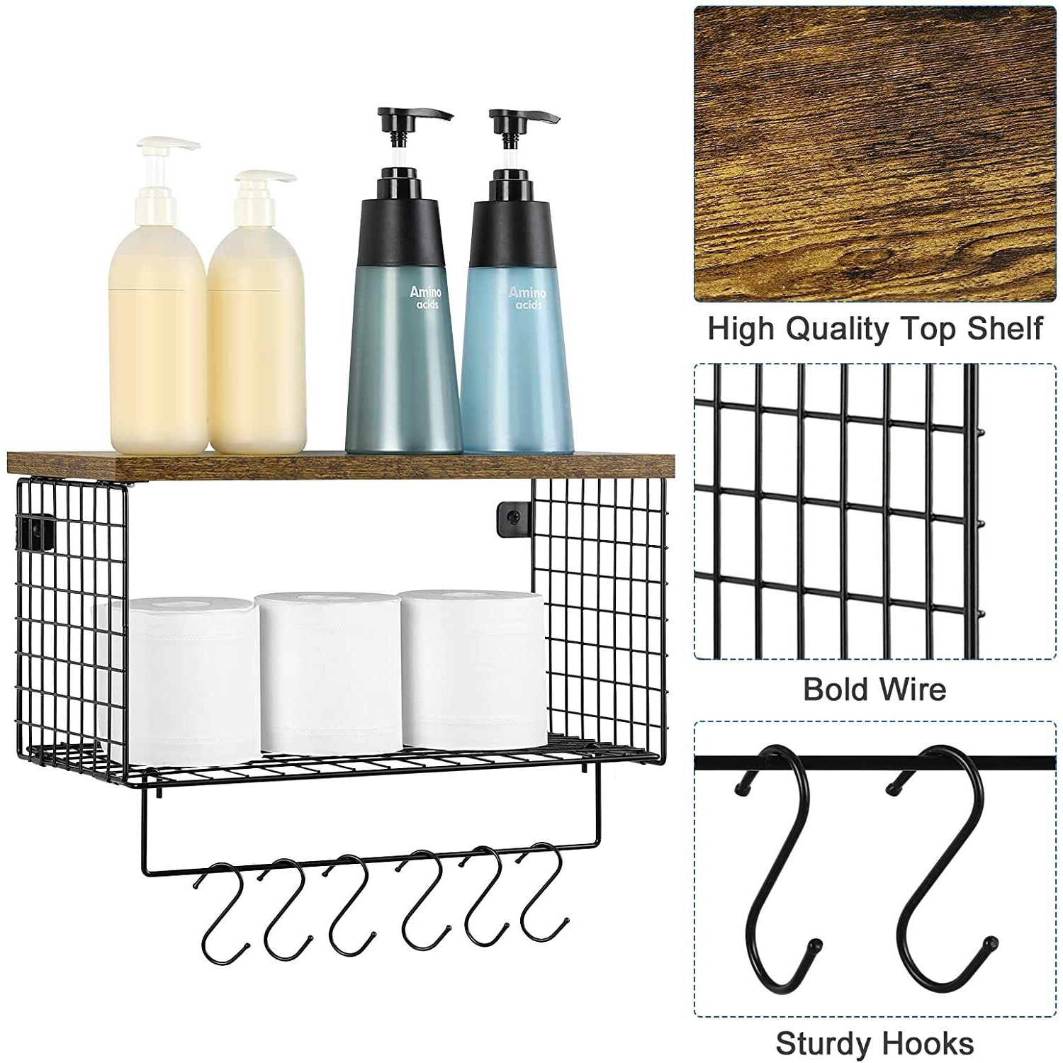 Étagère murale à crochets tablette d'entrée avec tablettes de rangement porte-manteau - Brun